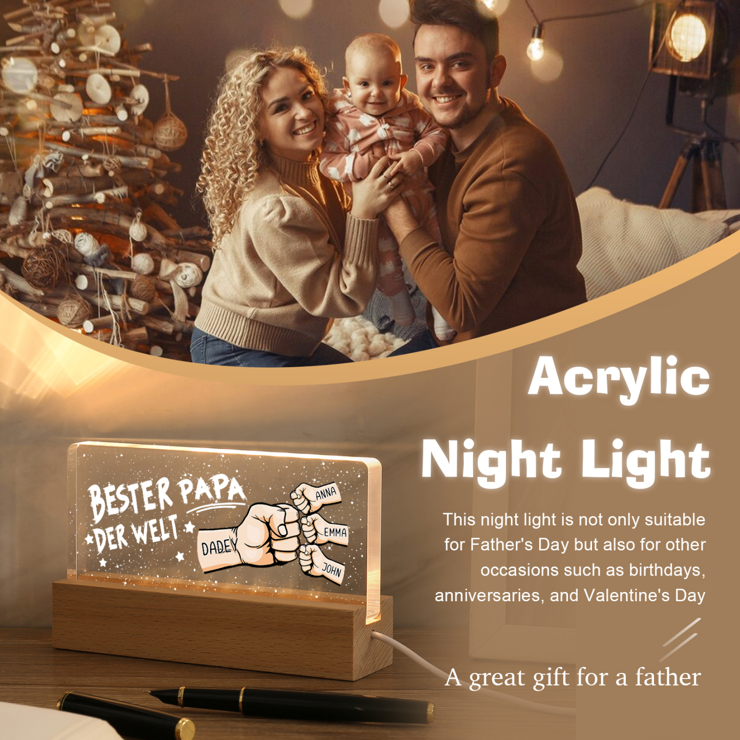 Personalisierte 4 Namen PAPA Faust Nachtlicht Geschenk für Vater-Bester Papa der Welt