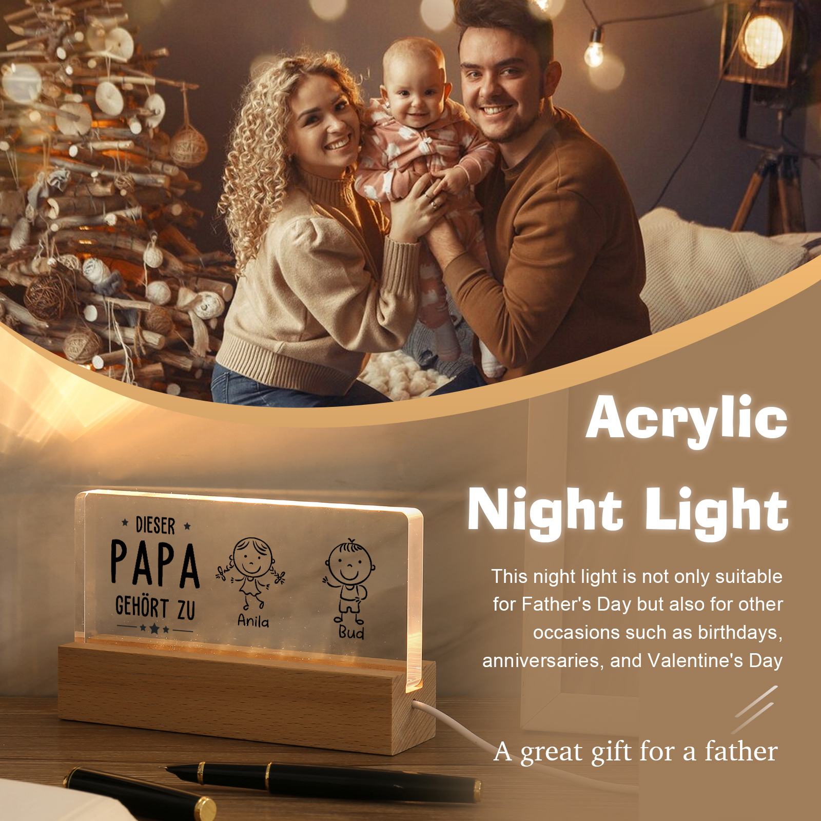 Personalisierte 2-6 Namen & Muster Nachtlicht Geschenk für Vater-Diese Papa gehört zu........