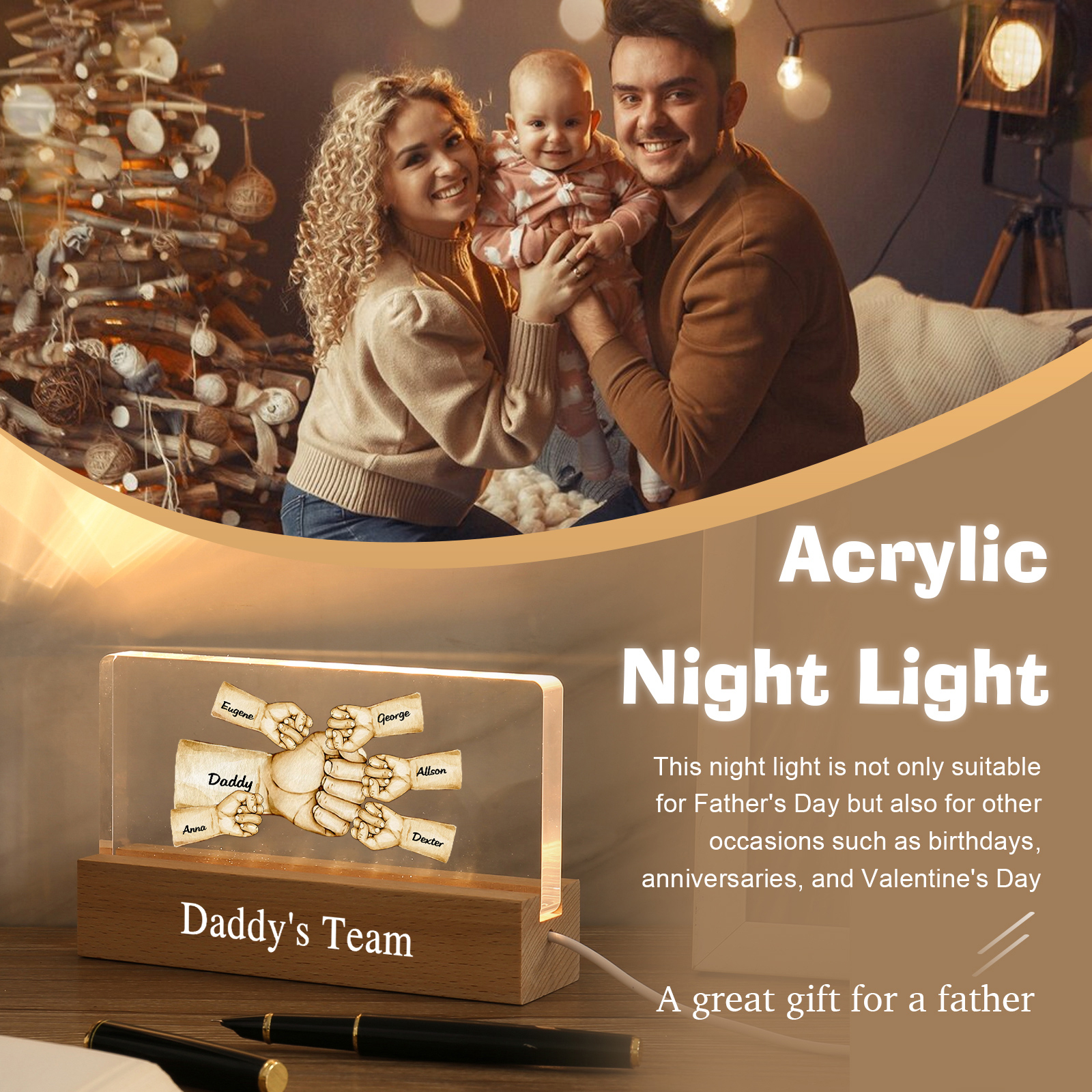 Personalisierte 6 Namen & Text PAPA Faust Nachtlicht Geschenk für Vater