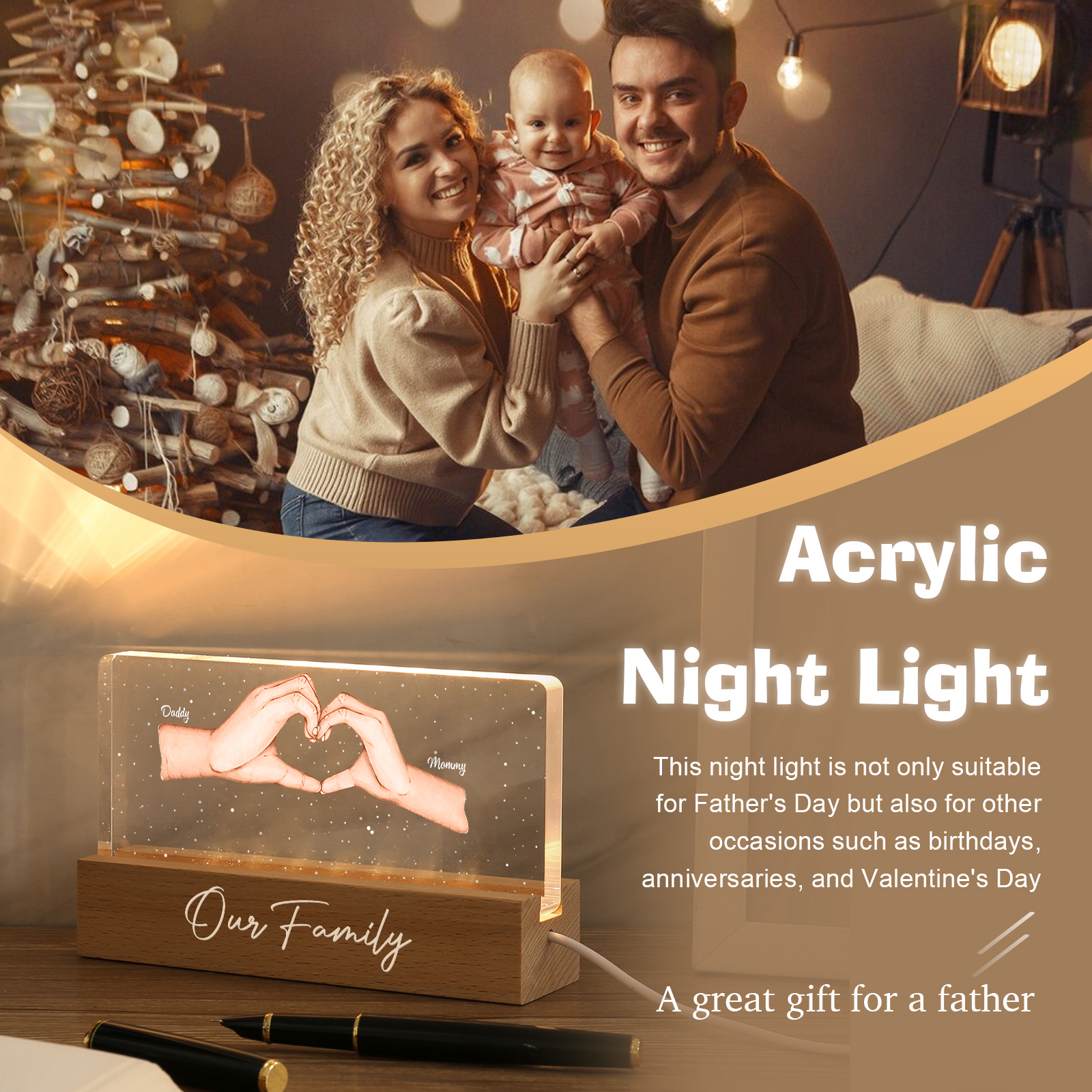 Personalisierte 2 Namen & Text PAPA Hand in Hand Nachtlicht Geschenk für Vater-Unsere Familie