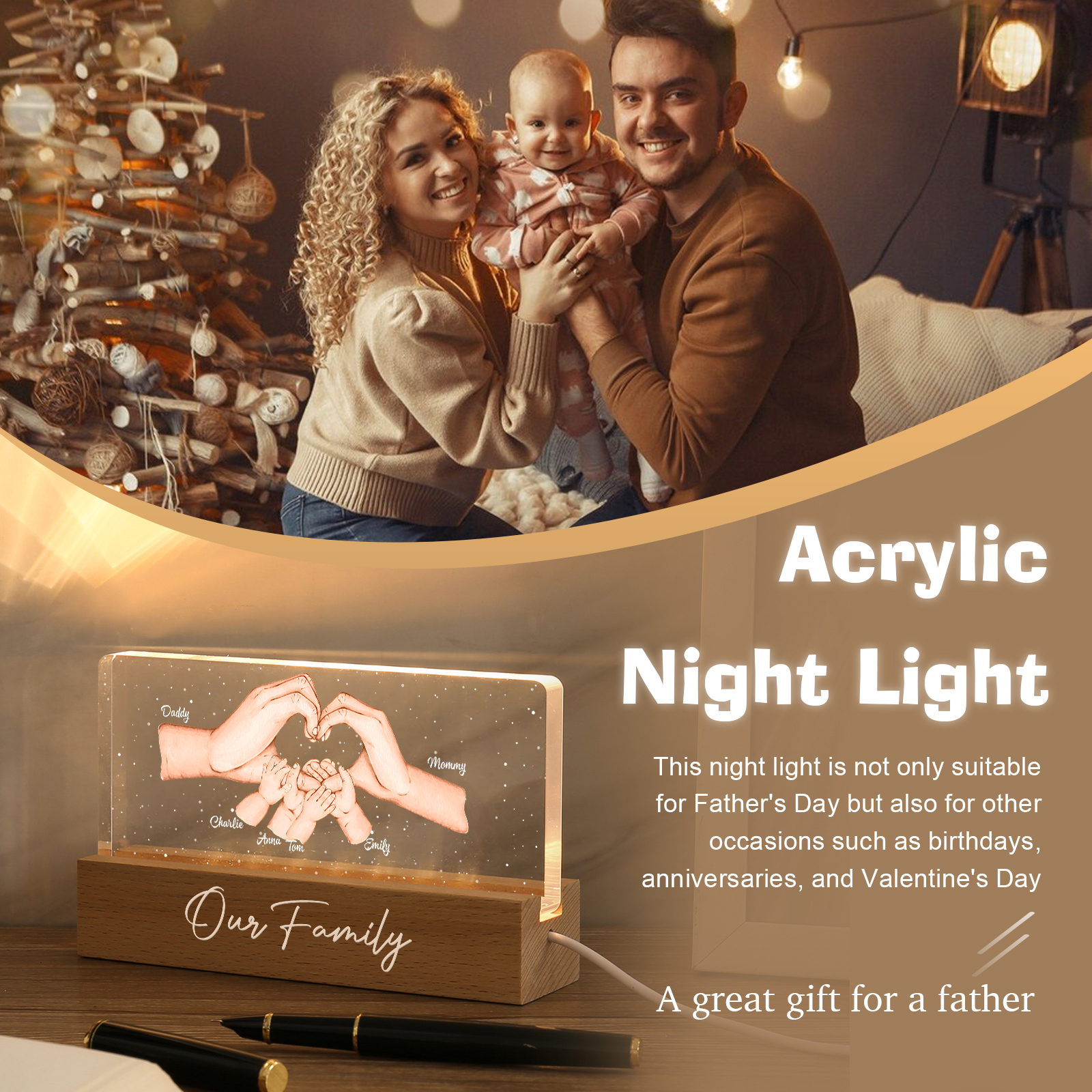 Personalisierte 6 Namen & Text PAPA Hand in Hand Nachtlicht Geschenk für Vater-Unsere Familie