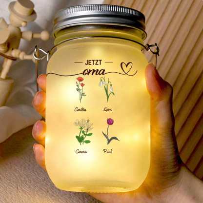Personalisierte Solar-Glasflasche im Mason-Jar-Stil mit Blumenmotiv – Geschenk „Erst Mama, jetzt Oma“