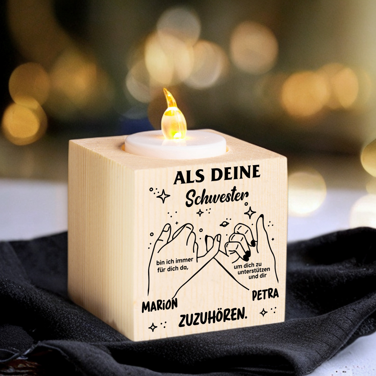 Holz Kompliment Kerzenhalter Personalisierter 2 Namen 1 bedruckte Seite-Als deine Schwester bin ich immer für dich da-Geschenk für Schwester