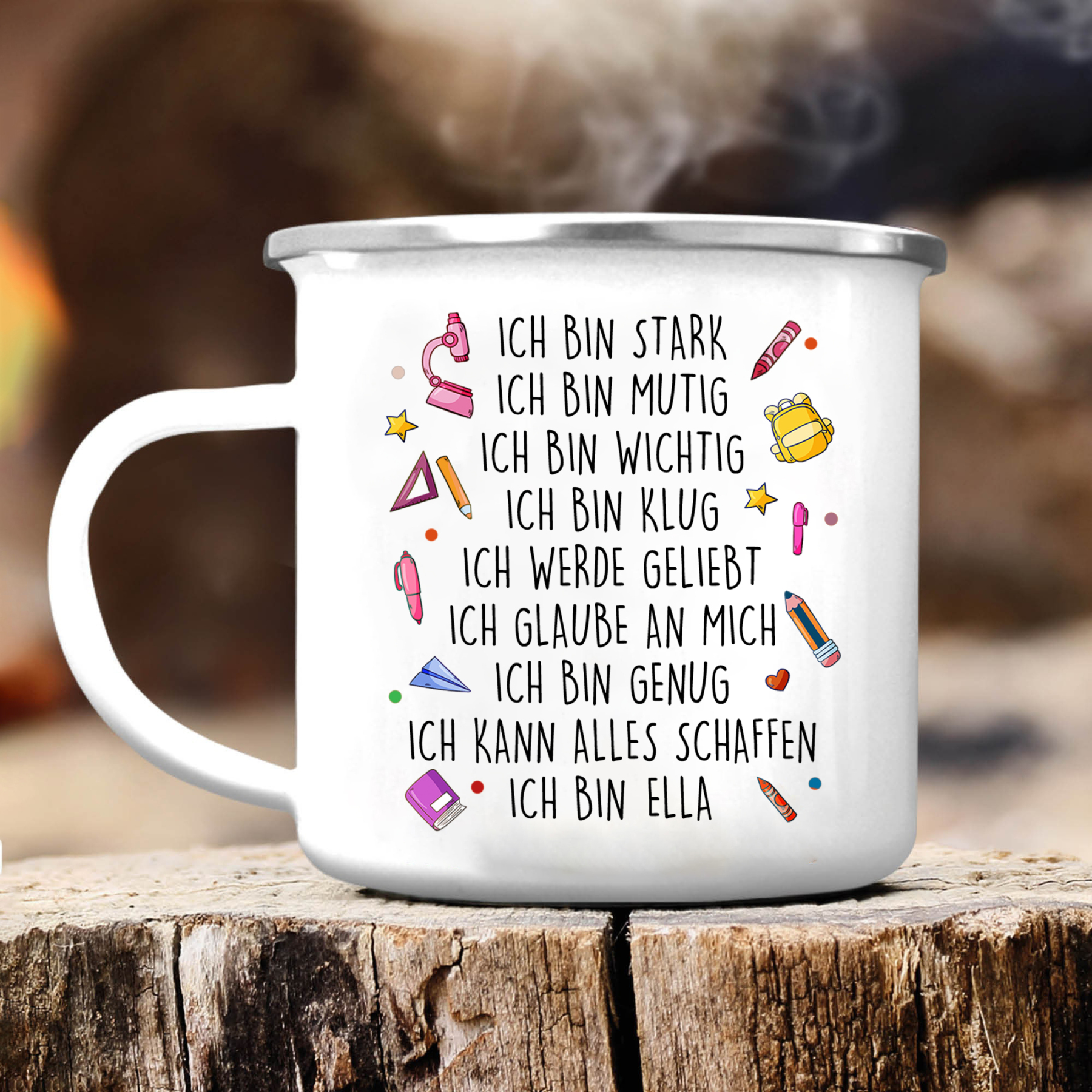 Emaille Tasse-Personalisierter Name & Datum Hase Becher - Hurra ich bin ein Schulkind Ich kann alles schaffen - Geschenk zum Schulanfang