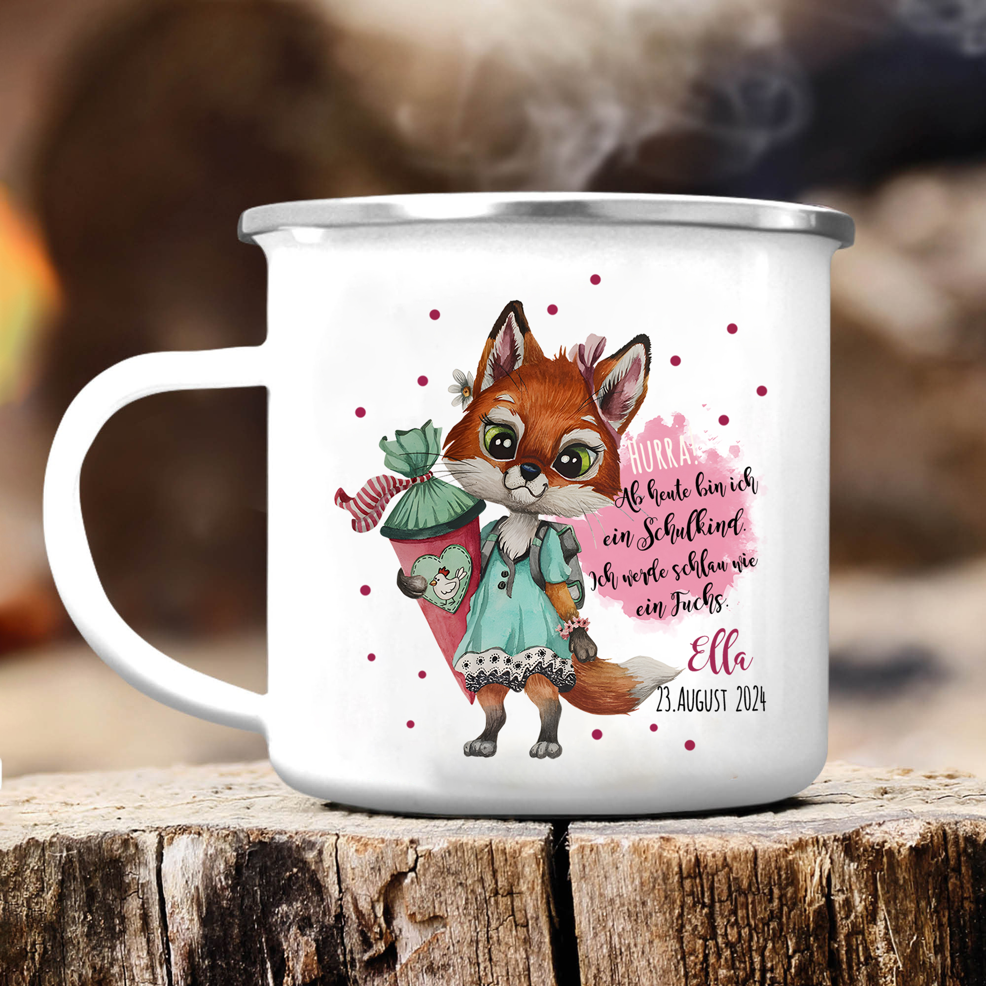 Emaille Tasse-Personalisierter Name & Datum Hase Becher - Hurra ab heute bin ich ein Schulkind Ich werde schau wie ein Fuchs - Geschenk zum Schulanfang