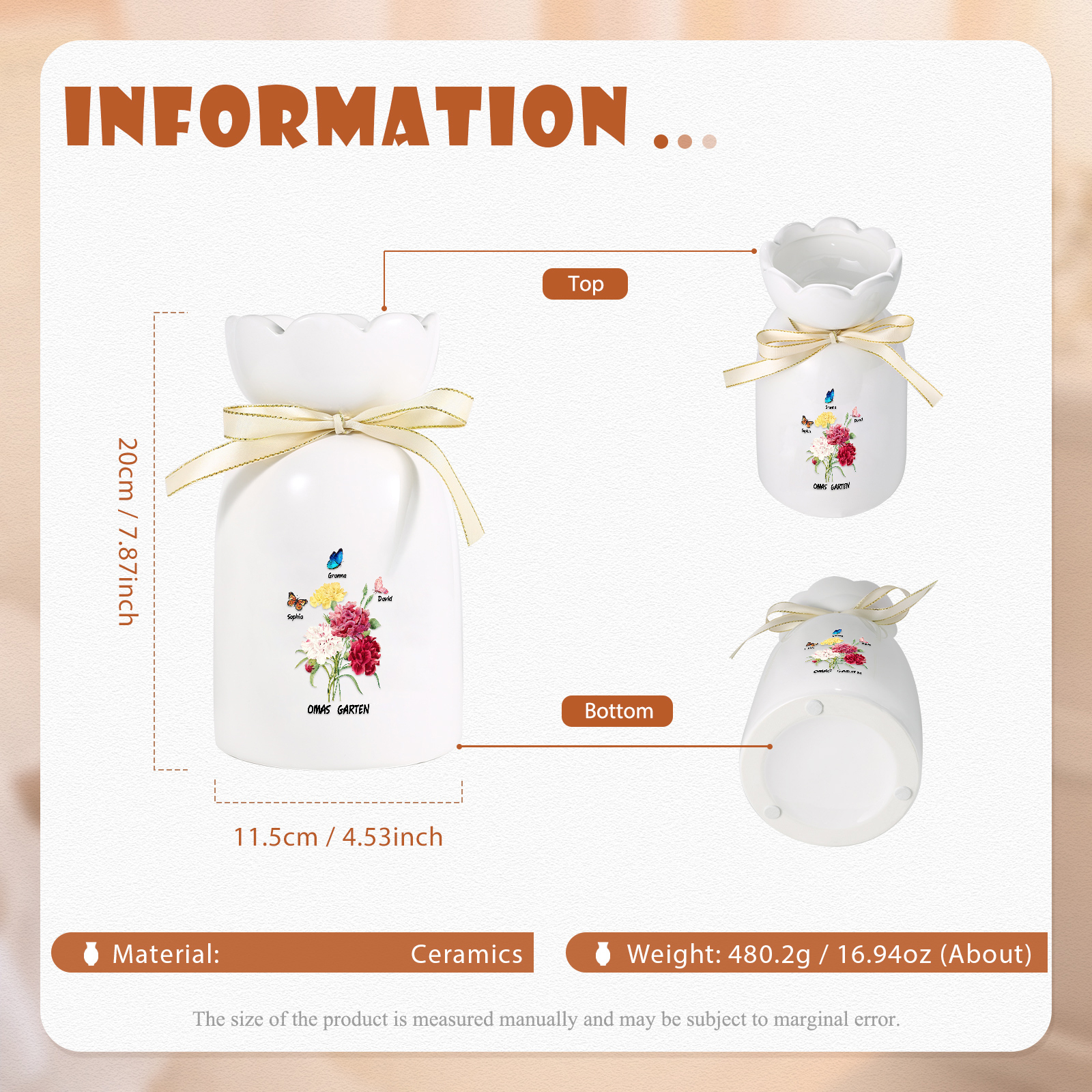 Personalisierte 3 Namen & Text Blumen & Schmetterling Familie Vase Geschenk für Oma Großmutter