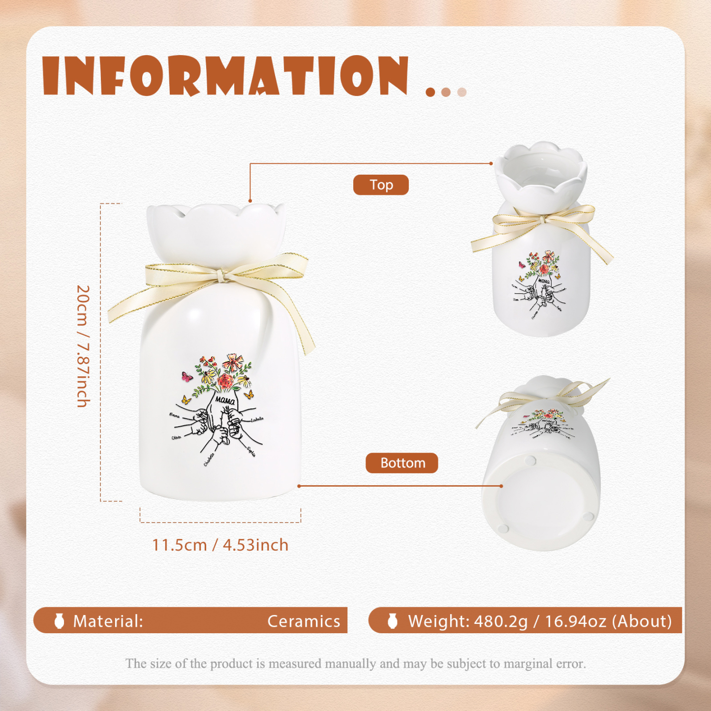 Personalisierte 5 Namen & Text Blumen & Schmetterling Familie Vase Geschenk für Mama/ Oma