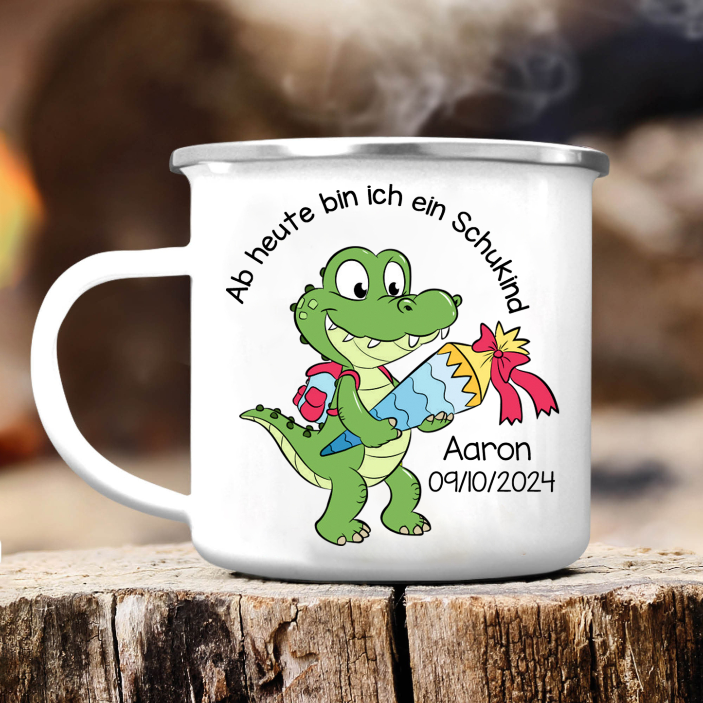 Emaille Tasse-Personalisierter Name & Datum Emaille Becher Schukind Krokodil Ab heute bin ich ein Schulkind Geschenk zum Schulanfang