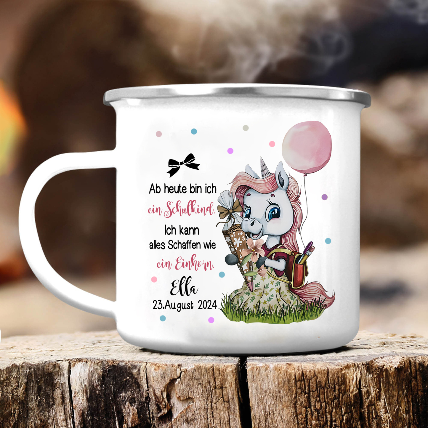 Emaille Tasse-Personalisierter Name & Datum Einhorn Becher - Hurra ab heute bin ich ein Schulkind Ich kann alles schaffen wie ein Einhorn- Geschenk zum Schulanfang