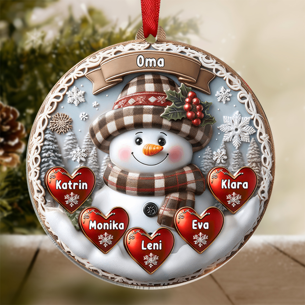 Personalisierte 1-10 Namen Weihnachtsornament Runder Acryl-Anhänger mit Schneemann & Herzen für Oma 