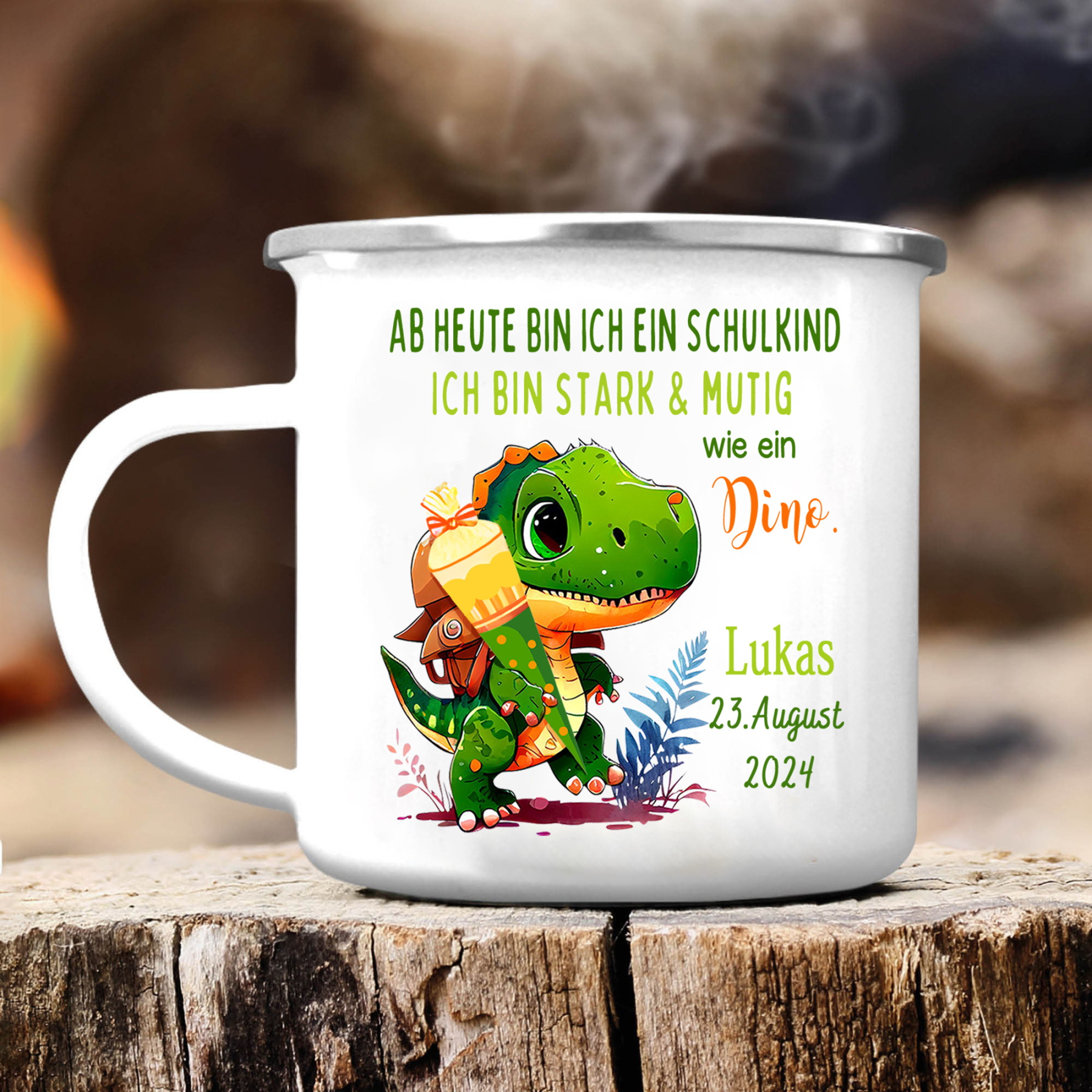 Emaille Tasse-Personalisierter Name & Datum Dino Becher - Ich bin stark & mutig wie ein Dino - Geschenk zum Schulanfang