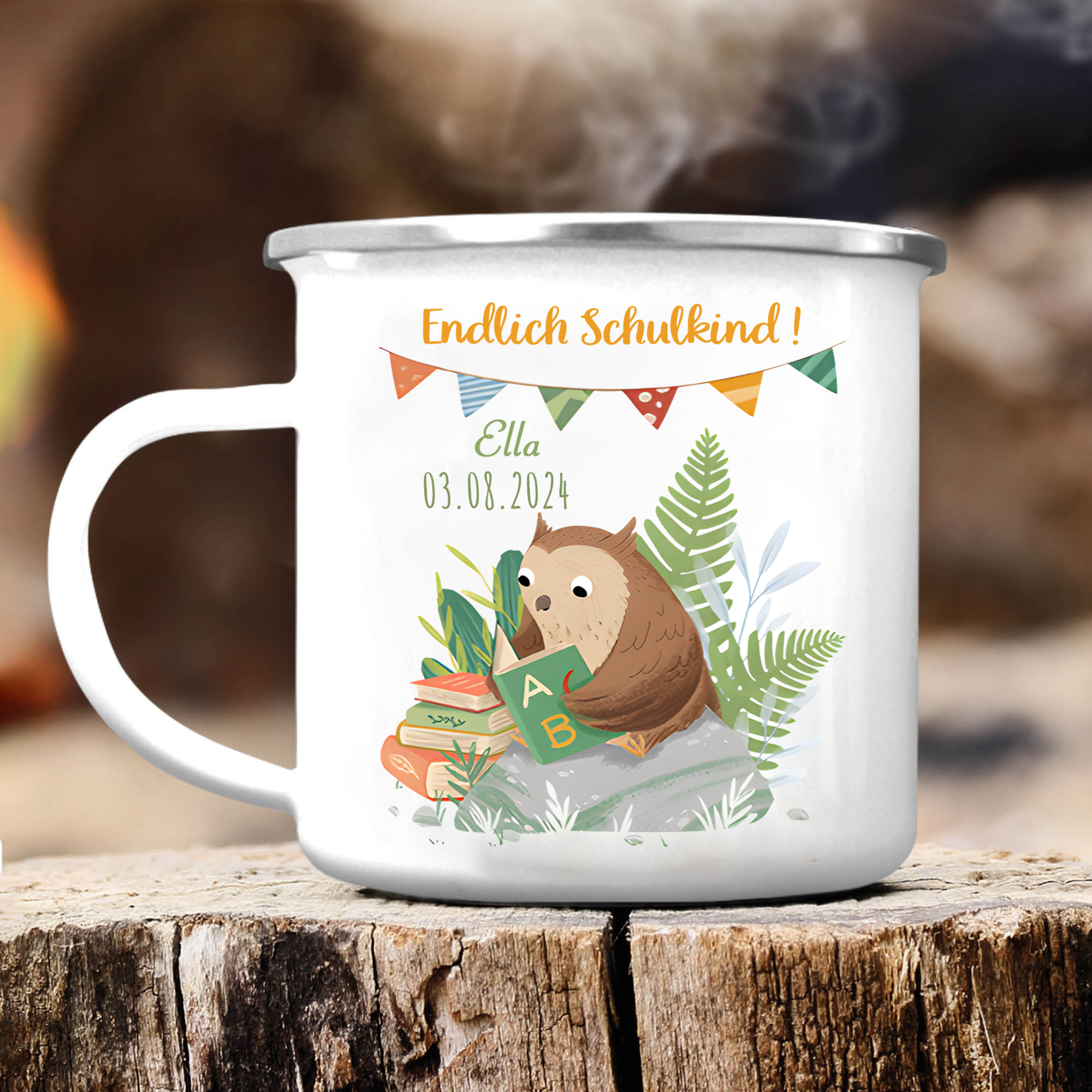 [Copy]Emaille Tasse-Personalisierter Name & Datum Becher - Hurra endlich bin ich ein Schulkind - Geschenk zum Schulanfang