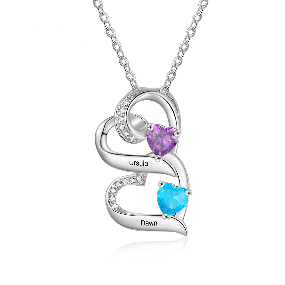 Personalisierte 1-6 Namen & 1-6 Geburtssteinen Silberne Herz-Halskette mit Zirkonia