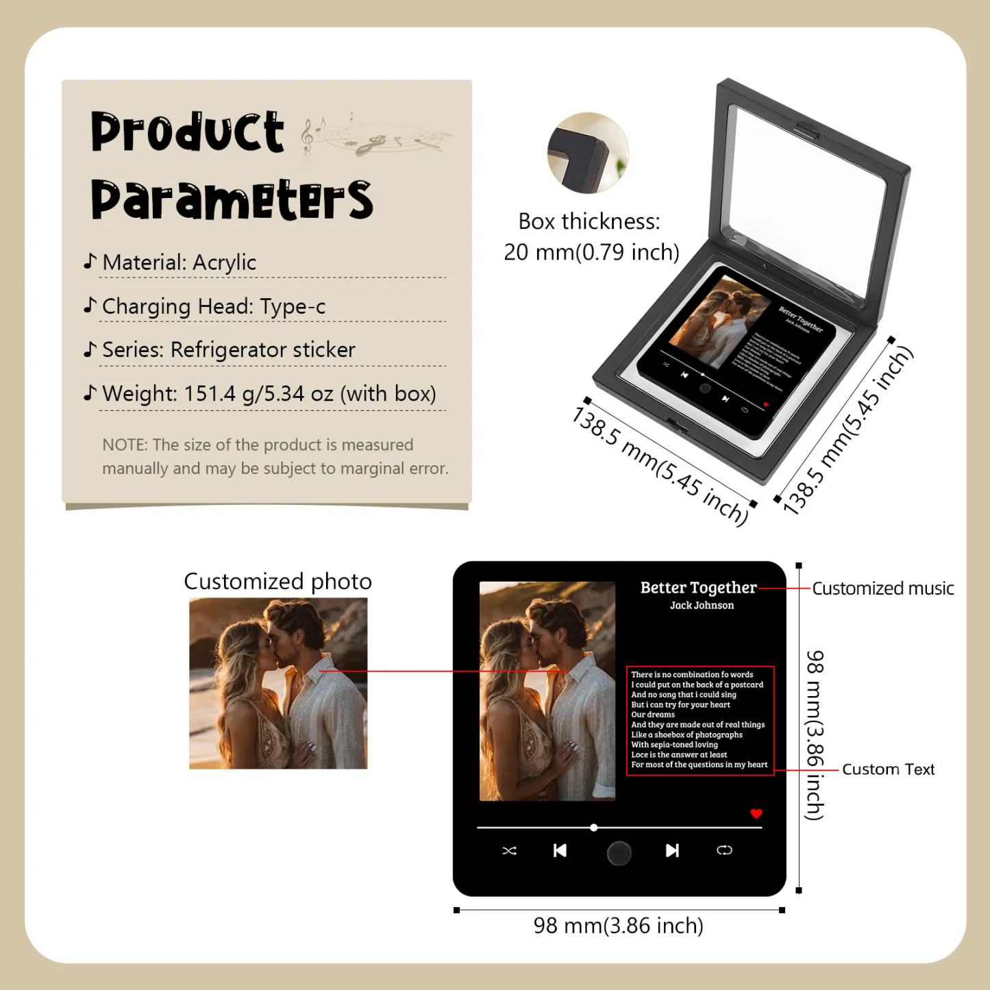 Personalisiertes Foto & Lied & Liedtext Acryl-Kühlschrankmagnet Musikrahmen Geschenk für Paar