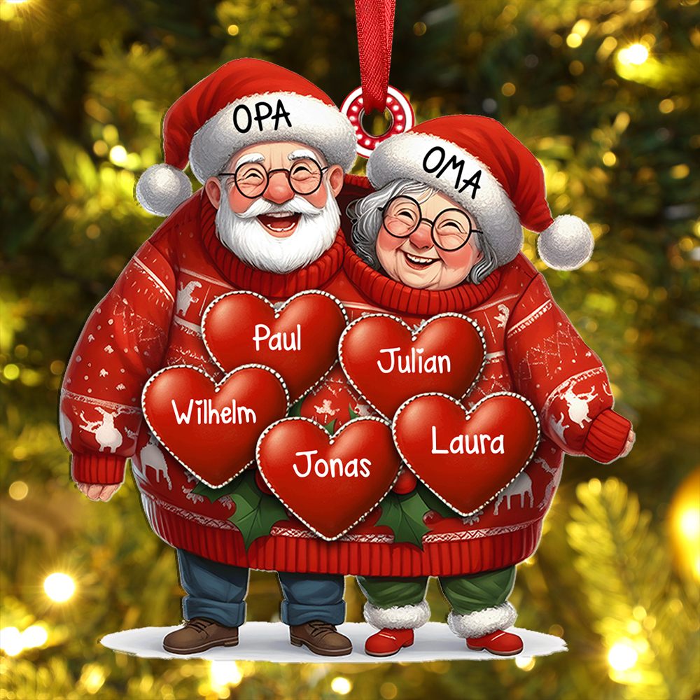 Acryl Weihnachtsornament- Personalisierte 2-8 Namen Weihnachtsanhänger Opa & Oma mit Herzen – Geschenk für Opa Oma Großeltern
