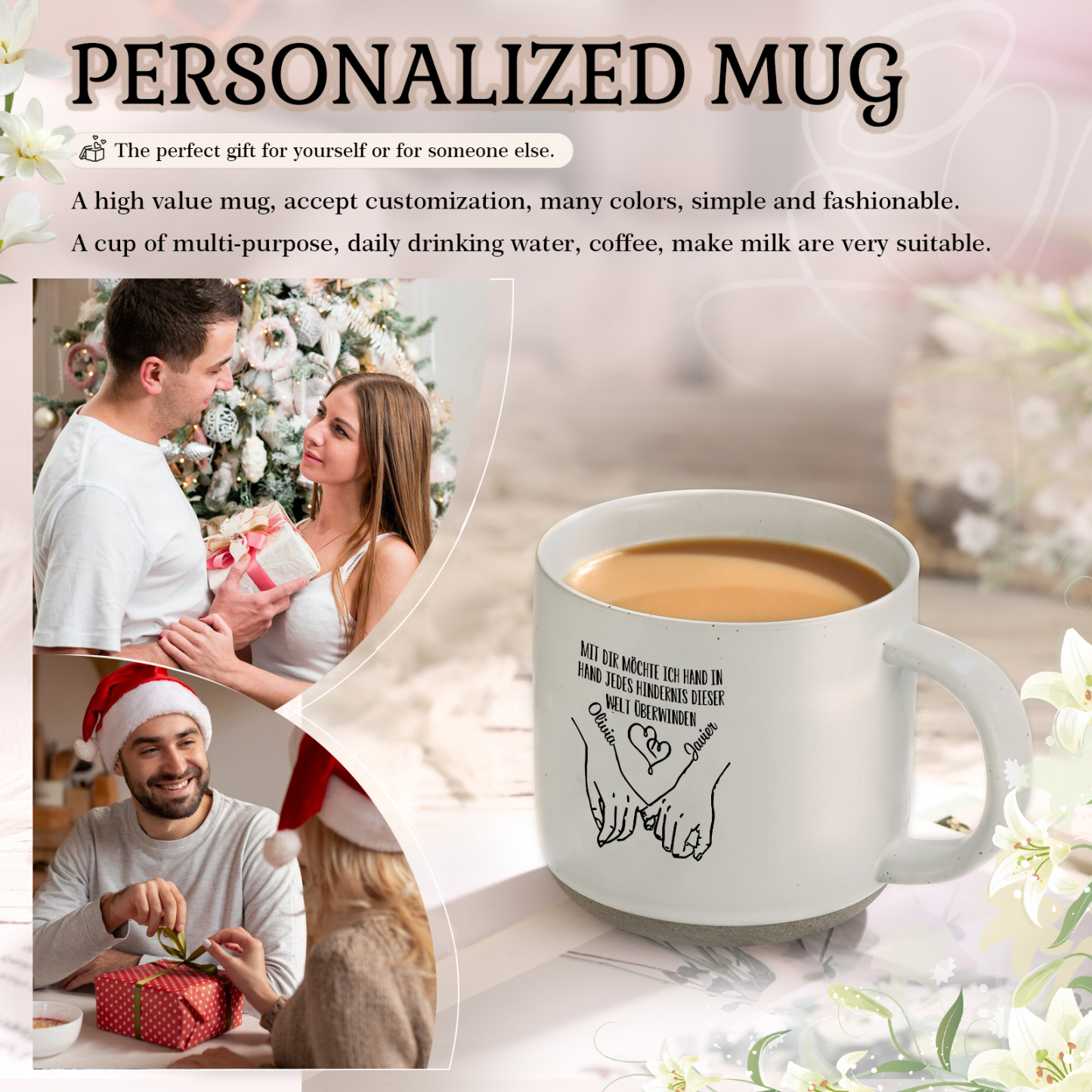 Personalisierte 2 Name & Text Hand-in-Hand Keramik Mark-Tasse mit schwarzer/ weißer Schrift– Einzigartiges Geschenk für Paar