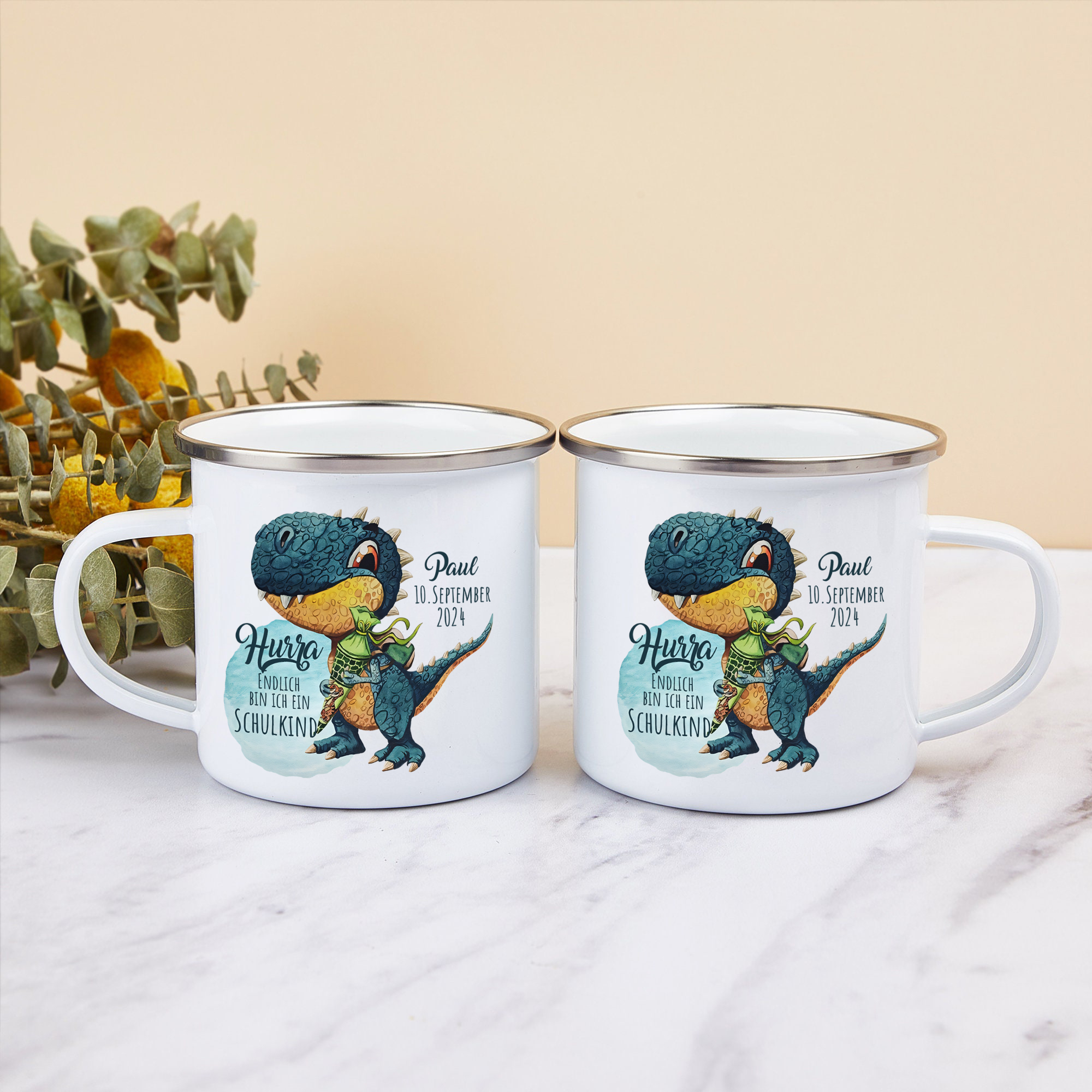[Copy]Schulanfang Geschenkset -Personalisierter Name & Datum Emaille Tasse & 20 cm Lineal & Dino Armbänder Set - Geschenk für Schulkind mit Geschenk Box