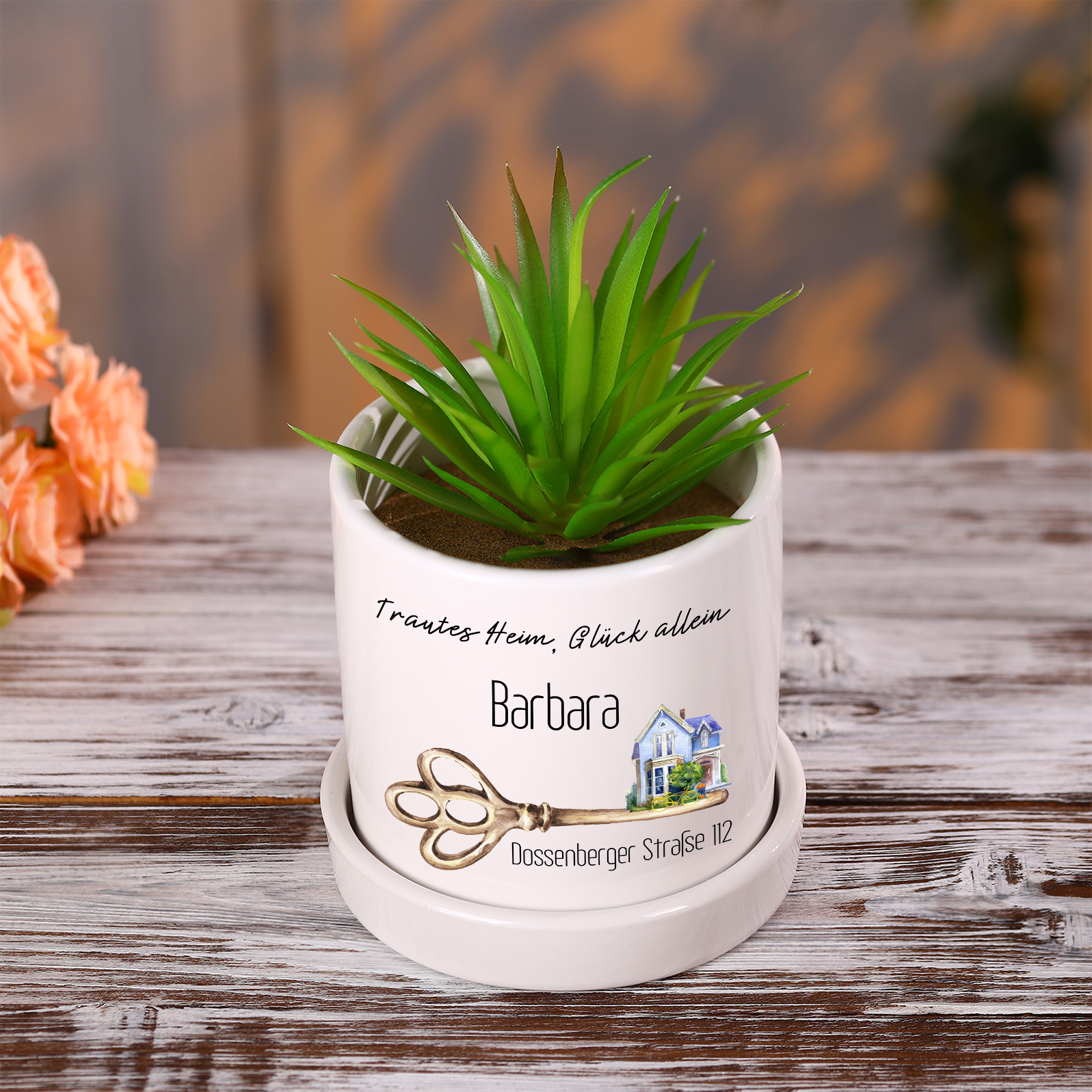 Personalisierbarer Name & 2 Texte & Foto Liebespaar Blumentopf Einweihungsgeschenk Geschenk für ein neues Zuhause