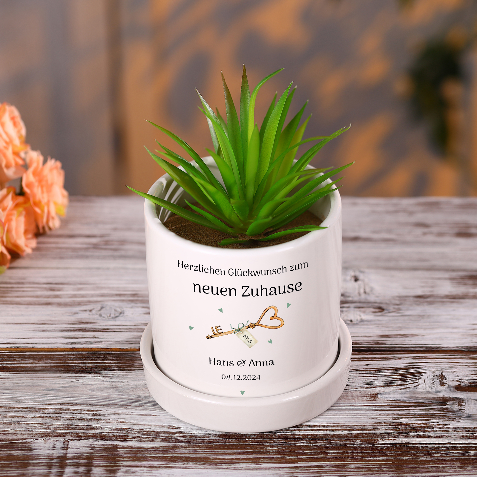 Personalisierbare 3 Texte & Nummer Liebespaar Blumentopf Einweihungsgeschenk Geschenk für ein neues Zuhause