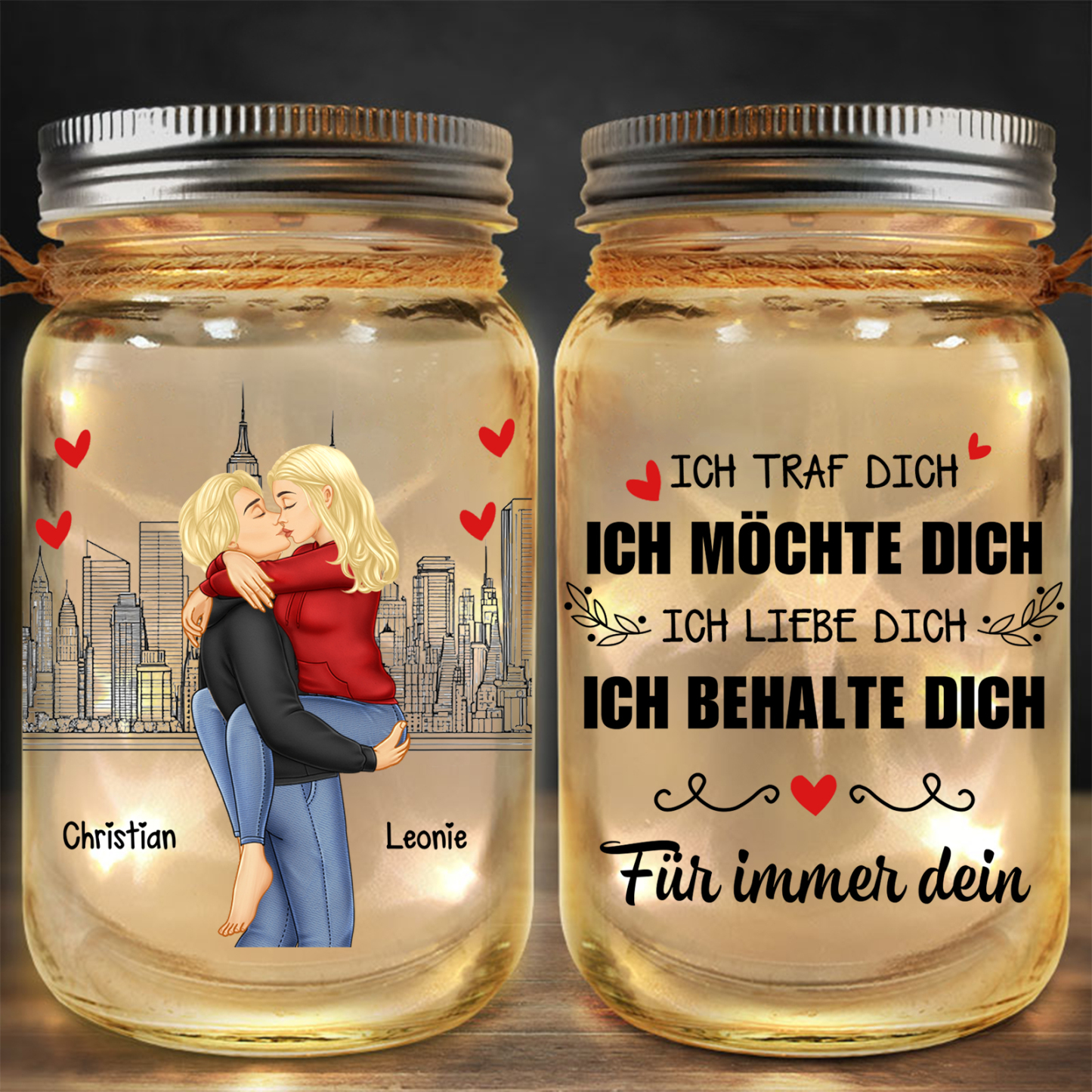 Personalisierte 2 Namen Licht - Ich traf dich, ich möchte dich, ich liebe dich, ich behalte dich für immer dein - Glasflaschen für Paar
