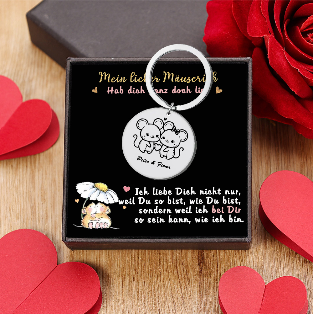 Personalisierter Text Mäusepaar Schlüsselanhänger - Mein lieber Mäuserich, hab dich ganz doch lieb - Schlüsselanhänger & Geschenkkarte Set