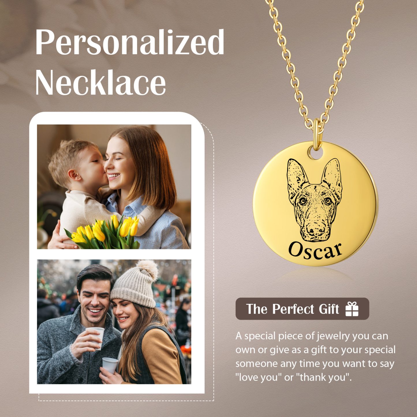 Personalisiertes 1 Foto & Name Haustier Rund Halskette in Golden/ Silber/ Rosagold