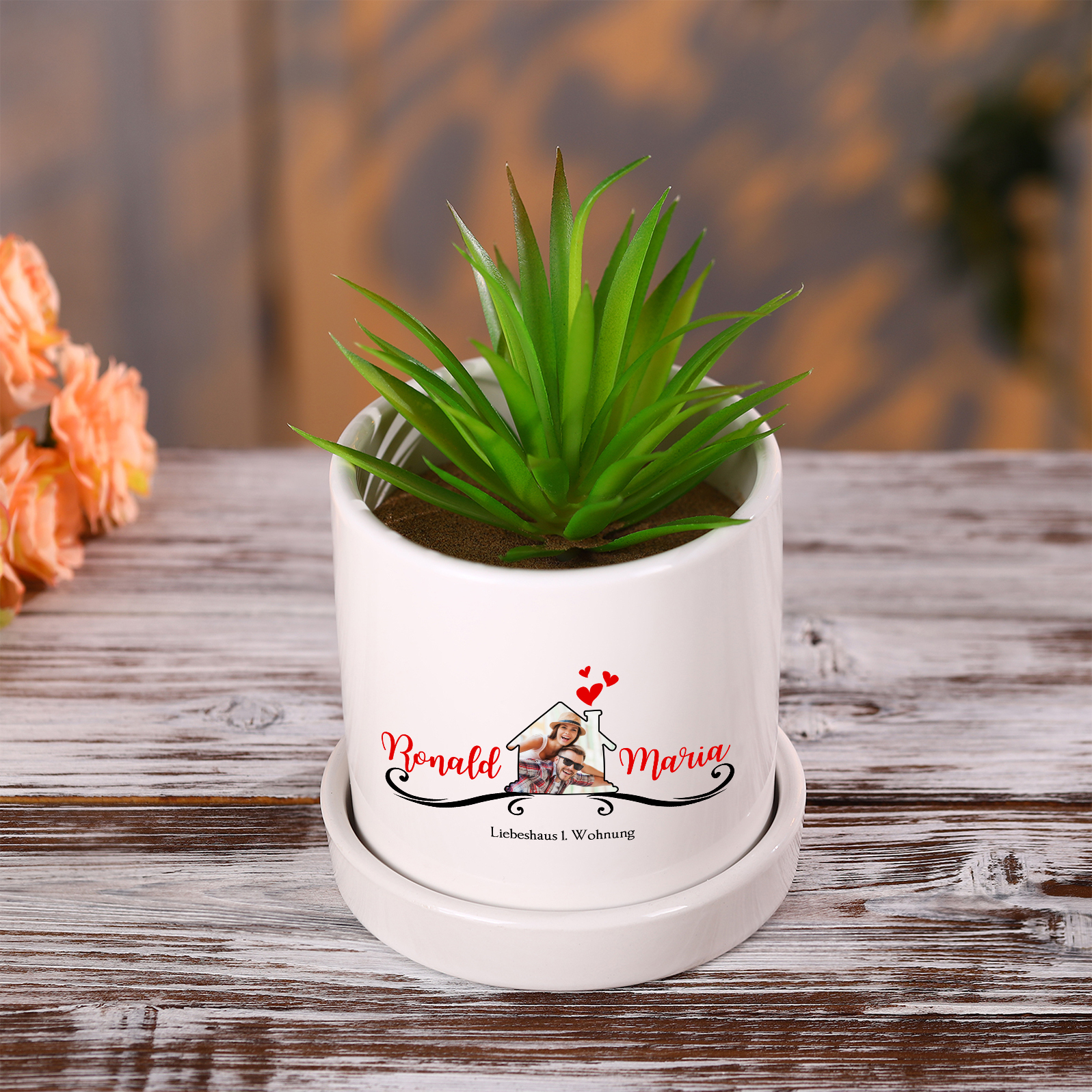 Personalisierbare 2 Namen & Foto & Text Liebespaar Blumentopf Einweihungsgeschenk Geschenk für ein neues Zuhause