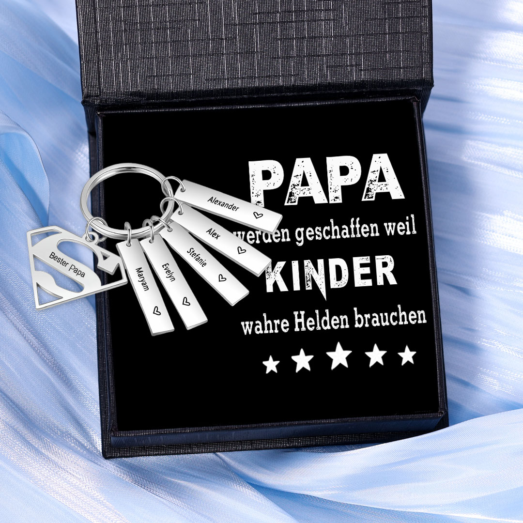 Personalisierbarer Text & 5 Namen Papa werden geschaffen weil Kinder warhe Helden brauchen Schlüsselanhänger-Geschenk mit Nachrichtenkarte