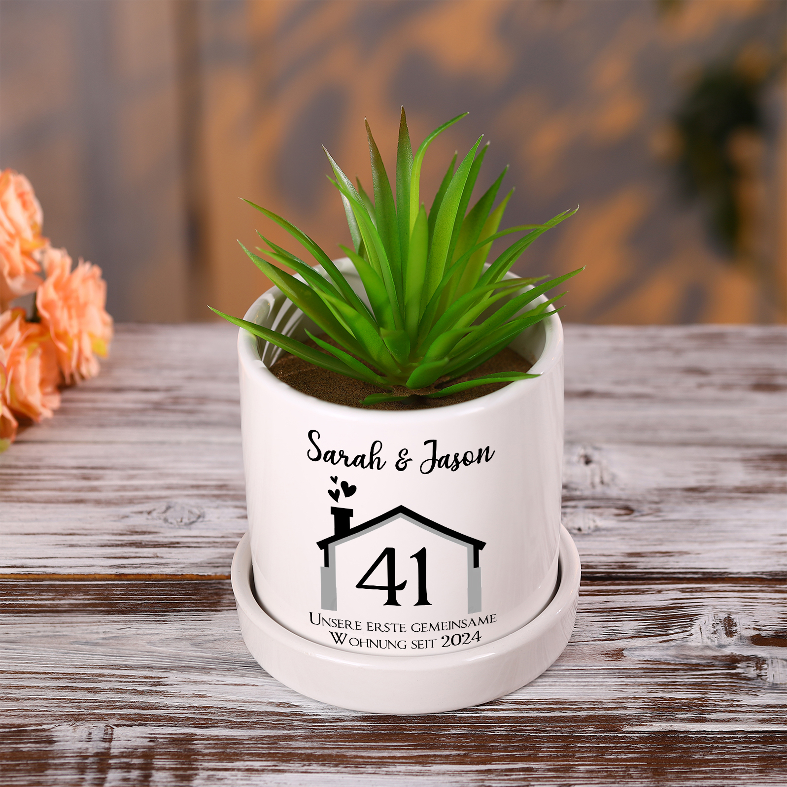 Personalisierbare Nummer & 2 Texte Liebespaar Blumentopf Einweihungsgeschenk Geschenk für ein neues Zuhause