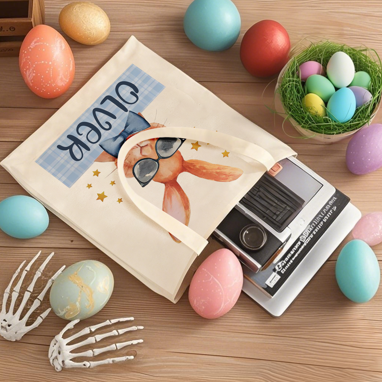 Personalisierbarer Name & Text Ostern Leinen Hase Tasche