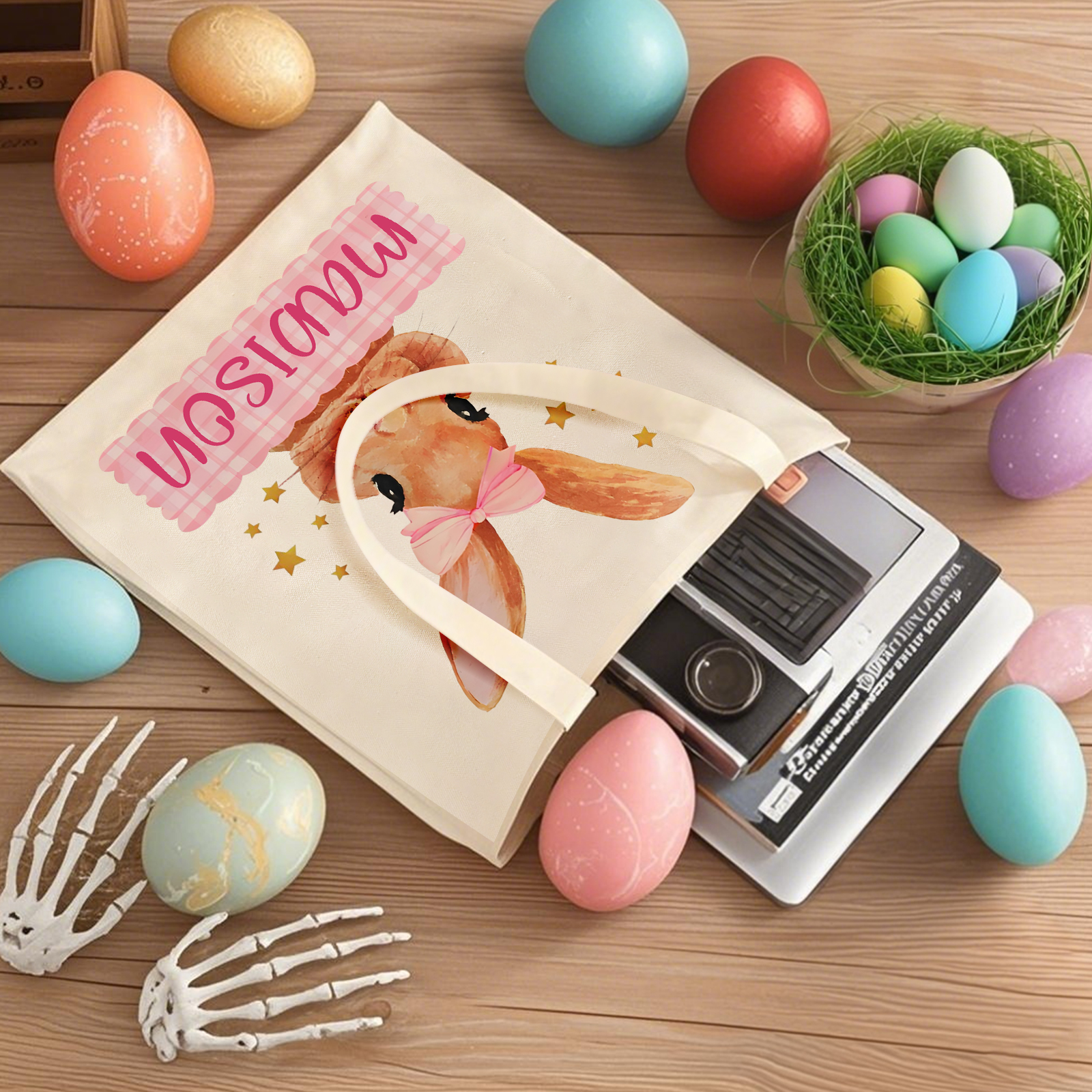 Personalisierbarer Name & Text Ostern Leinen Hase Tasche