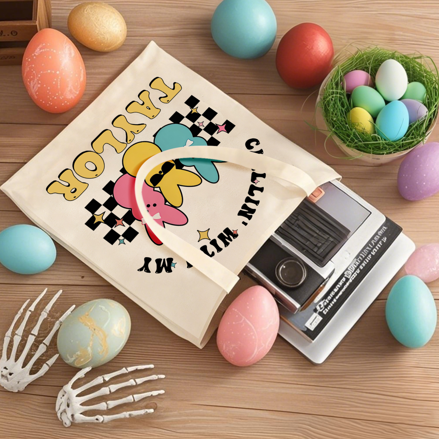 Personalisierbarer Name & Text Ostern Leinen Hase Tasche