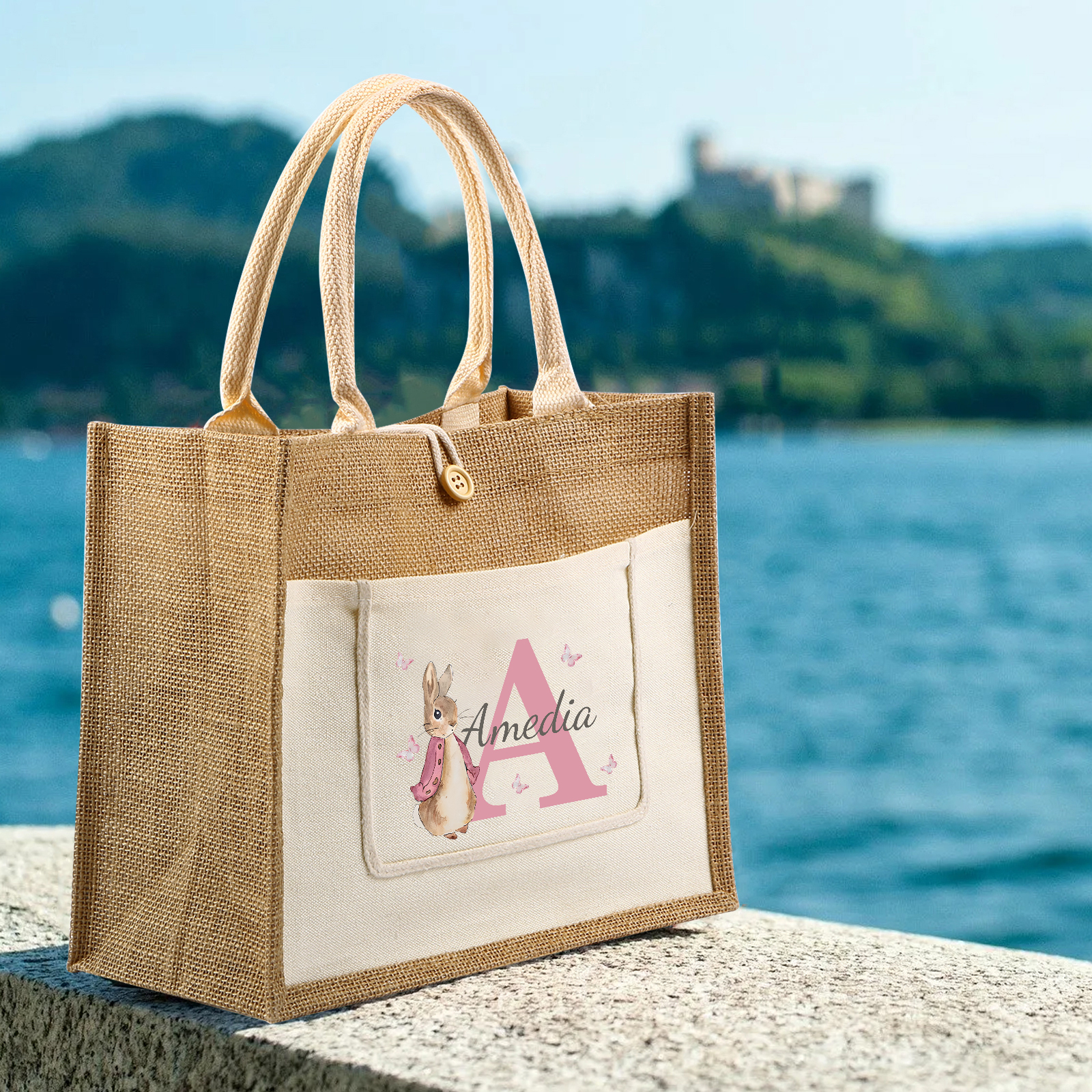 Personalisierbarer Name & Buchstabe Ostern Leinen Hase Tasche