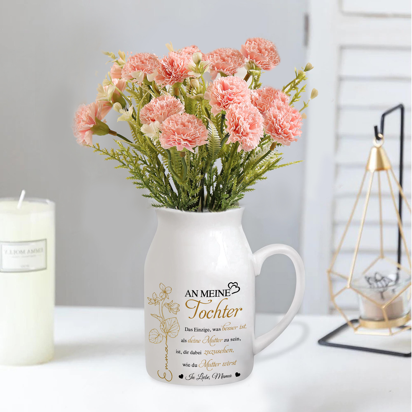 Personalisierte 1 Name & Geburtsblume-An meine Tochter- Gießvase mit Henkel Mama Vase-Pefektes Geschenk für Tochter