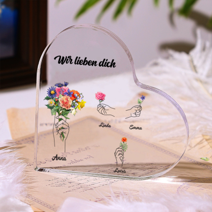 Personalisierte Name & Geburtsblume Herz Acryl-Deko-Schreibtischdekoration für Mama
