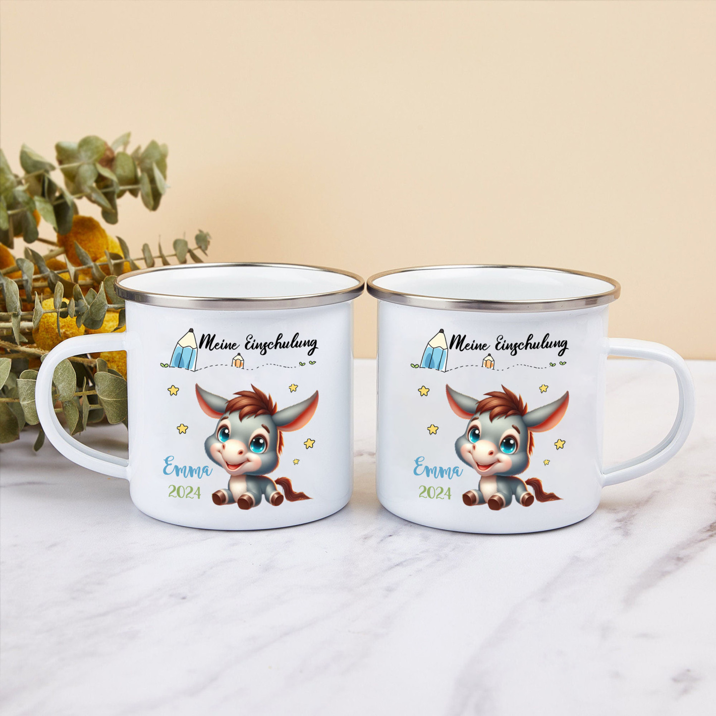 Emaille Tasse-Personalisierter Name & Datum Eselchen Becher -Meine Einschulung- Geschenk zum Schulanfang