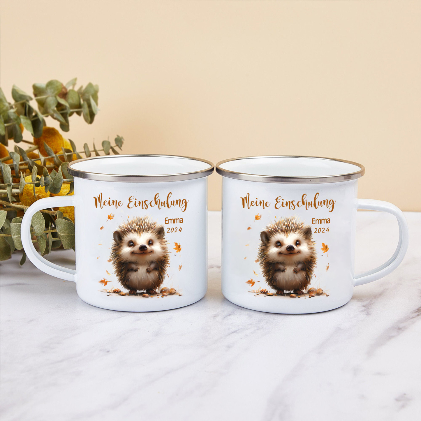 Emaille Tasse-Personalisierter Name & Datum Igel Becher -Meine Einschulung- Geschenk zum Schulanfang