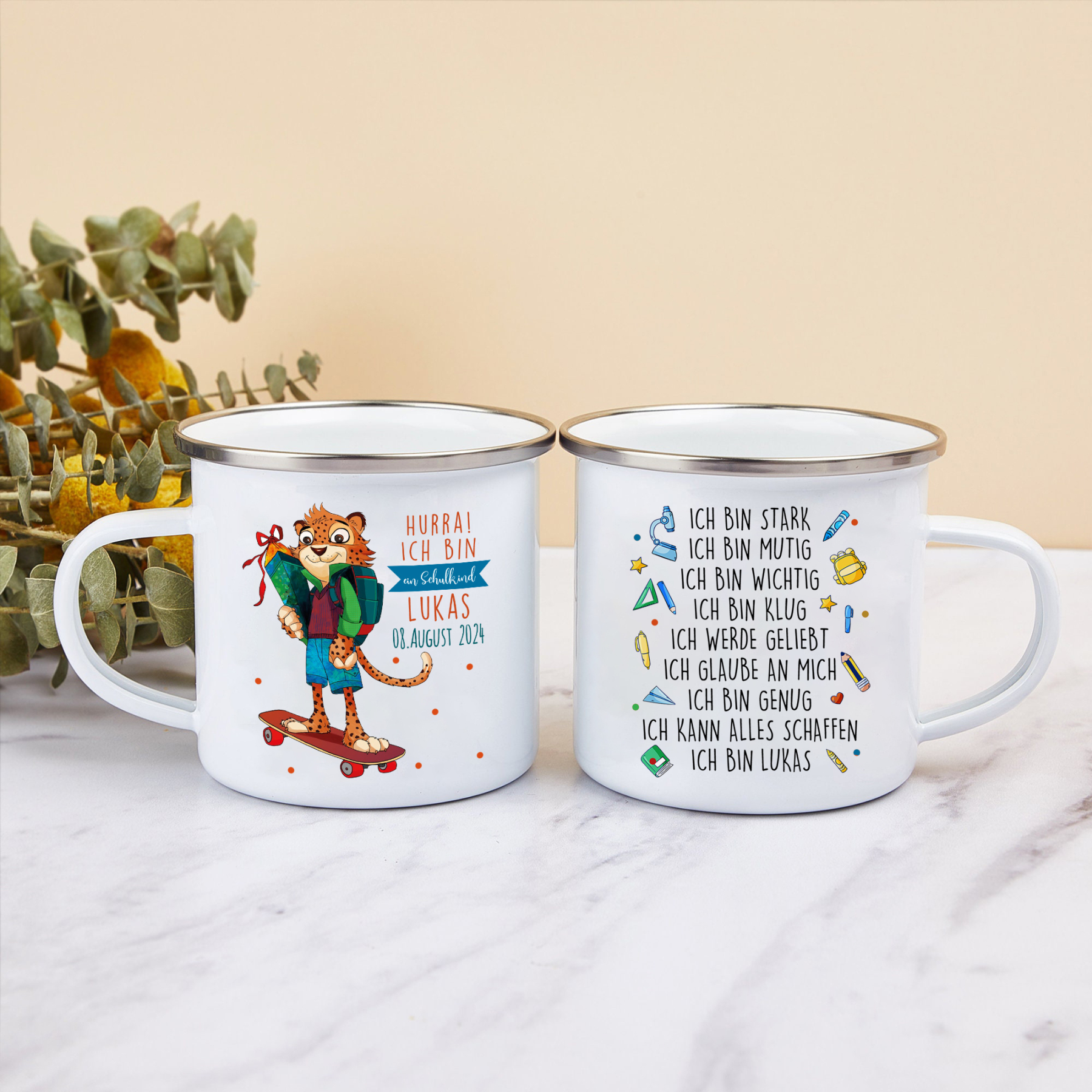 Emaille Tasse-Personalisierter Name & Datum Tiger Becher - Hurra ich bin ein Schulkind Ich kann alles schaffen - Geschenk zum Schulanfang