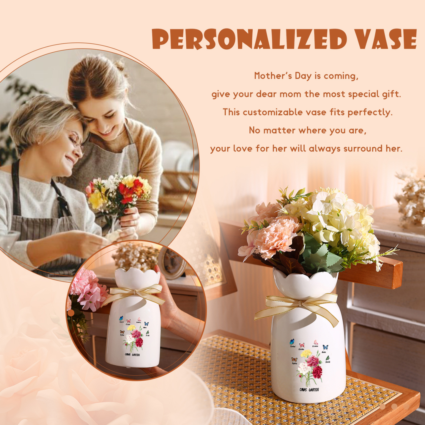 Personalisierte 6 Namen & Text Blumen & Schmetterling Familie Vase Geschenk für Oma Großmutter