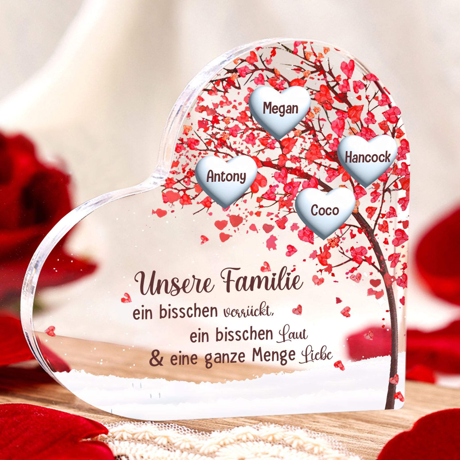 Personalisierte 4 Namen Herz Familienbaum Acryl-Deko– Liebevolle Schreibtischdekoration für Familie