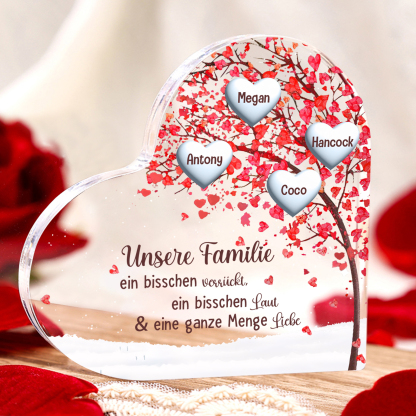 Personalisierte 4 Namen Herz Familienbaum Acryl-Deko– Liebevolle Schreibtischdekoration für Familie