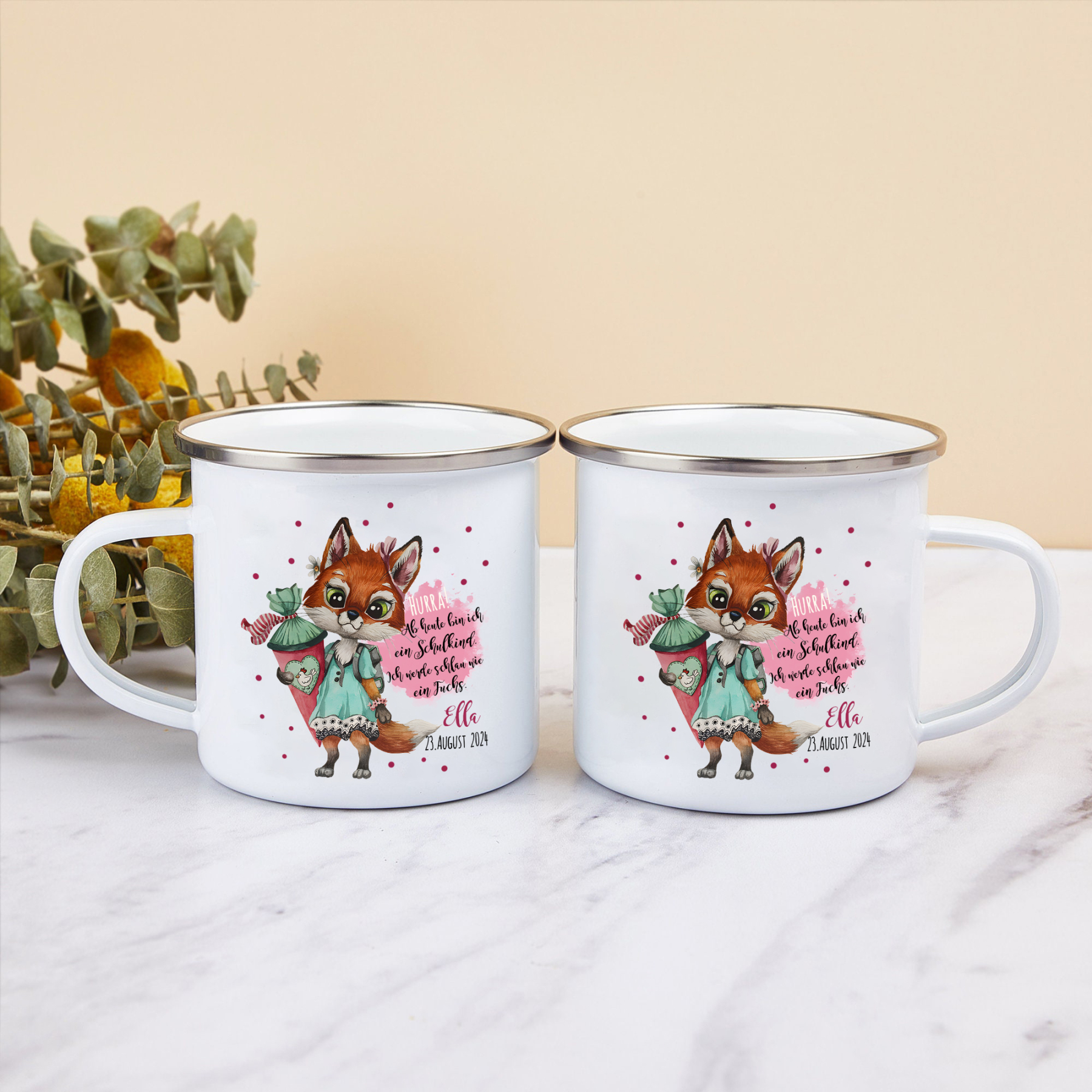 Emaille Tasse-Personalisierter Name & Datum Hase Becher - Hurra ab heute bin ich ein Schulkind Ich werde schau wie ein Fuchs - Geschenk zum Schulanfang