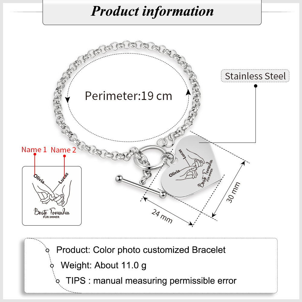 Personalisierte 2 Namen Edelstahl Armband mit Herzanhänger –Beste Freundin für immer– Geschenk für Freundin