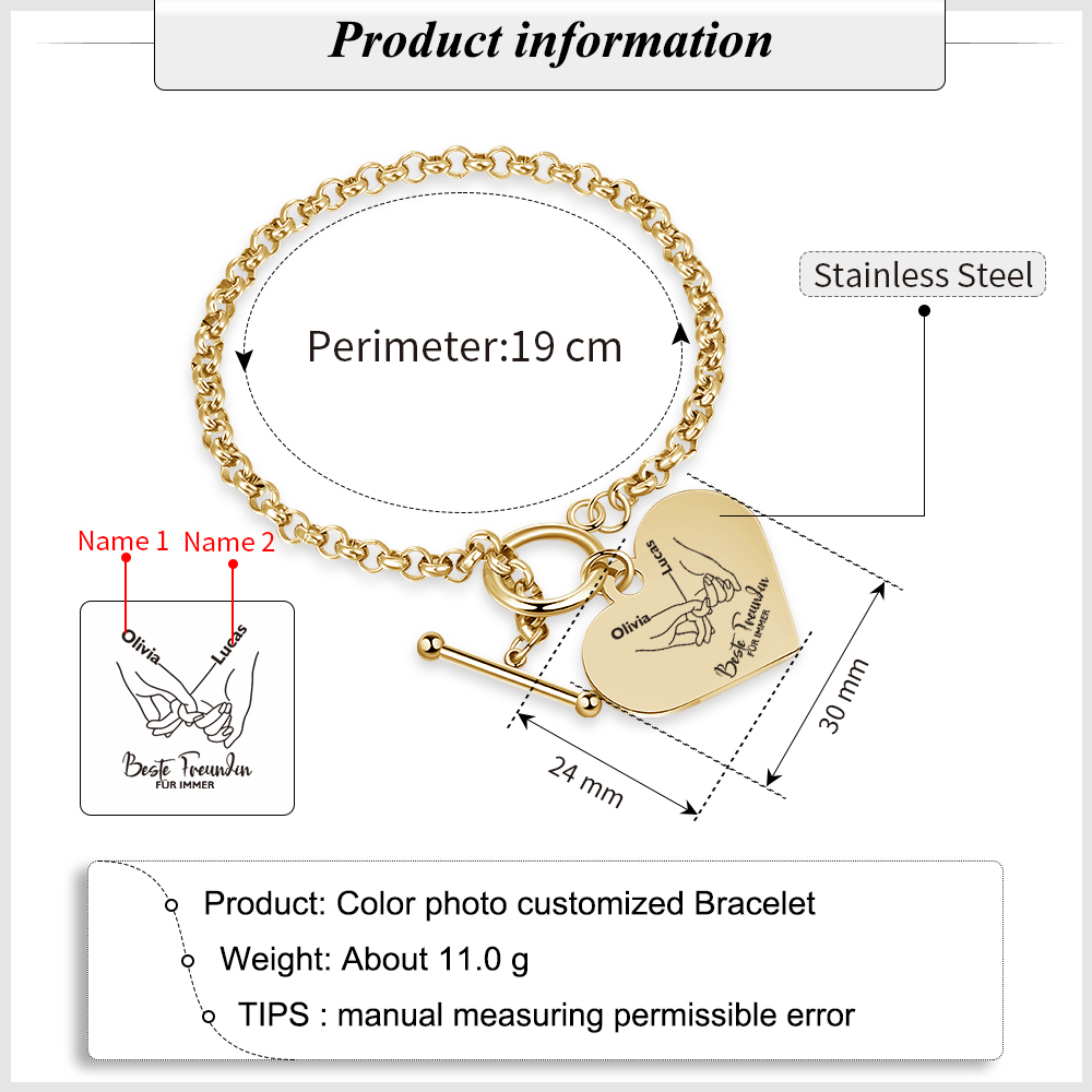 Personalisierte 2 Namen Edelstahl Armband mit Herzanhänger –Beste Freundin für immer– Geschenk für Freundin