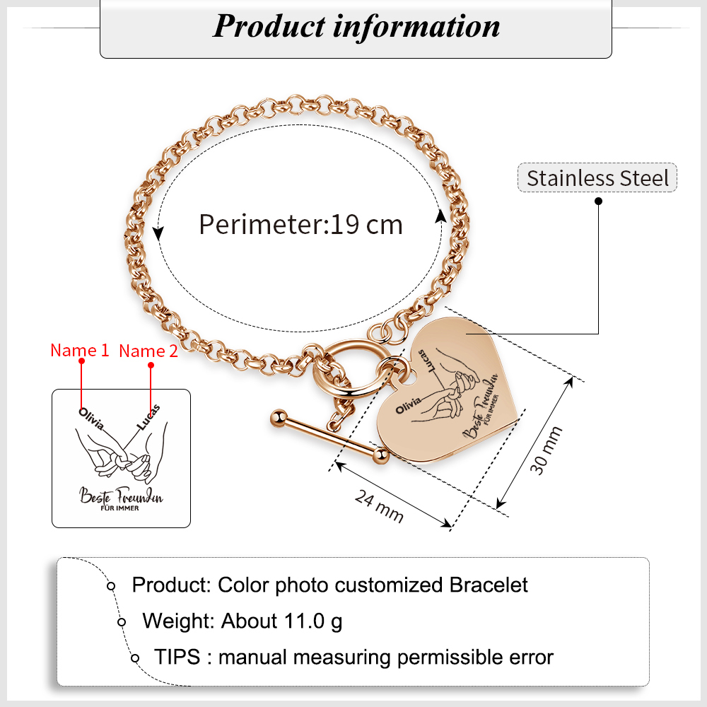 Personalisierte 2 Namen Edelstahl Armband mit Herzanhänger –Beste Freundin für immer– Geschenk für Freundin