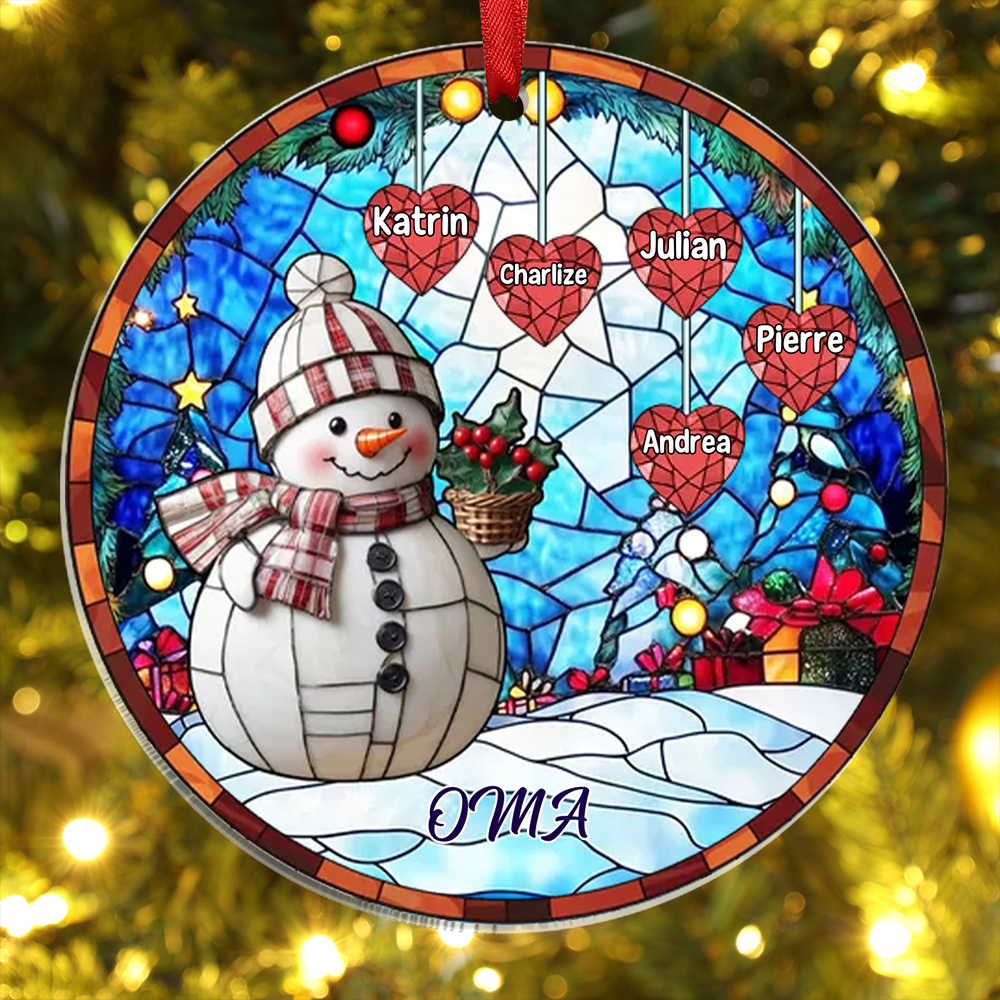 Personalisierte 1-10 Namen Weihnachtsornament Runder Acryl-Anhänger mit Schneemann & Herzen für Oma Großmutter