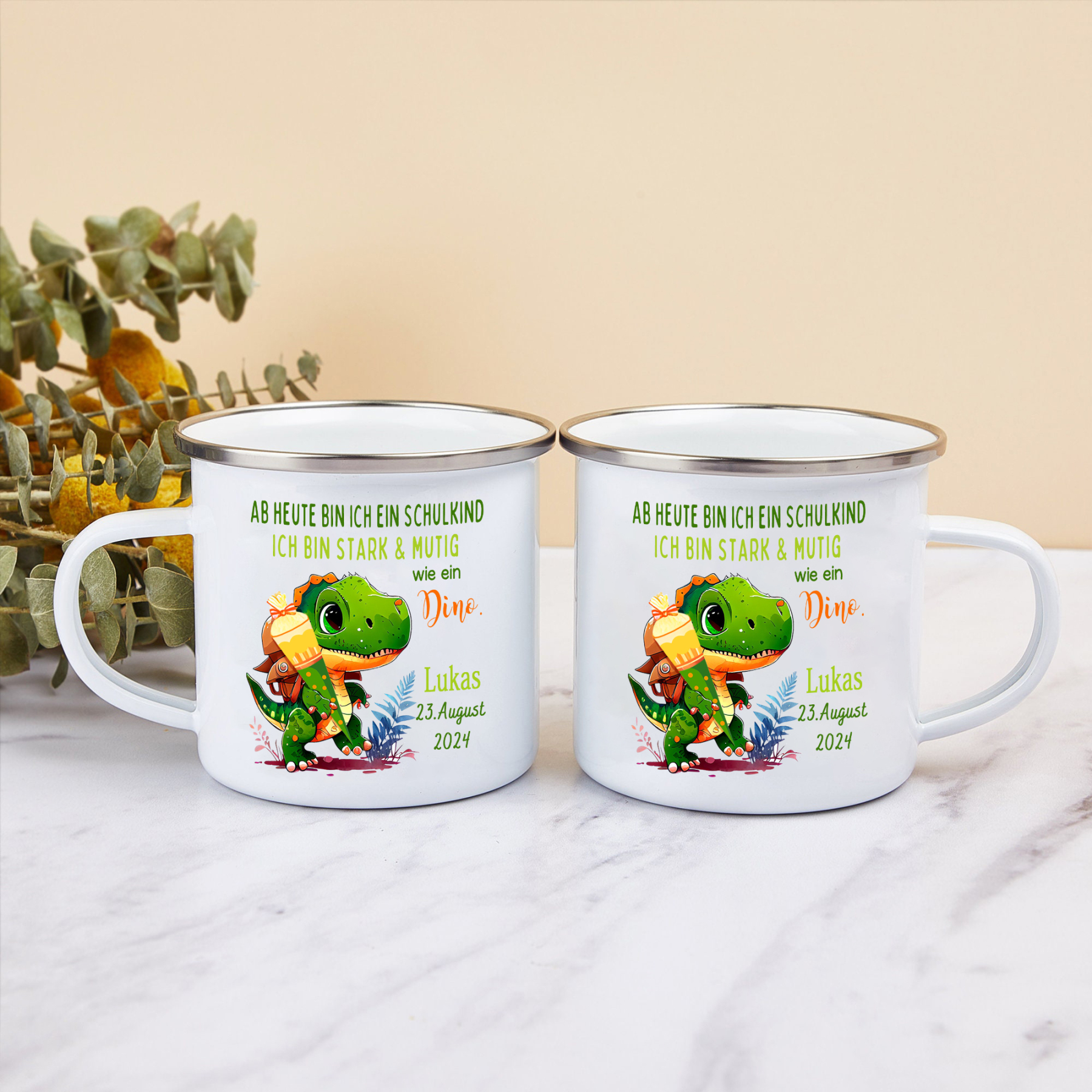 Emaille Tasse-Personalisierter Name & Datum Dino Becher - Ich bin stark & mutig wie ein Dino - Geschenk zum Schulanfang