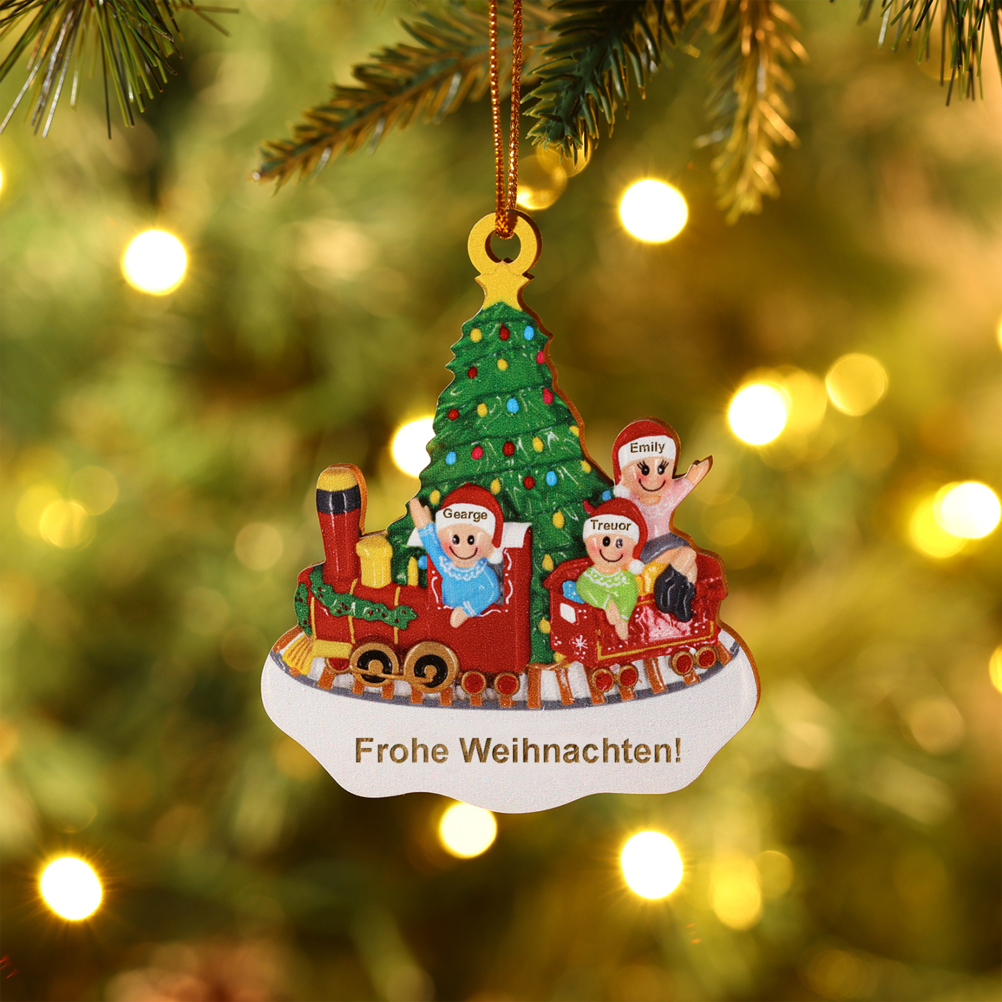 Personalisiertes 3-4 Namen Weihnachtsornament aus Holz Weihnachtszug A