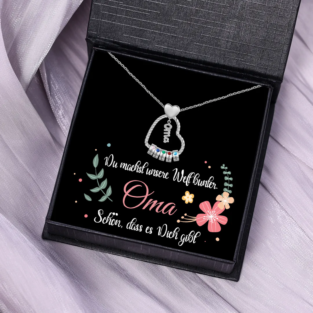 Personalisierte 5 Namen Herz Halskette mit 5 Geburtssteinen - Du machst unsere Well bunter. Oma Schön, dass es Dich gibt - Geschenk mit Nachrichtenkarte