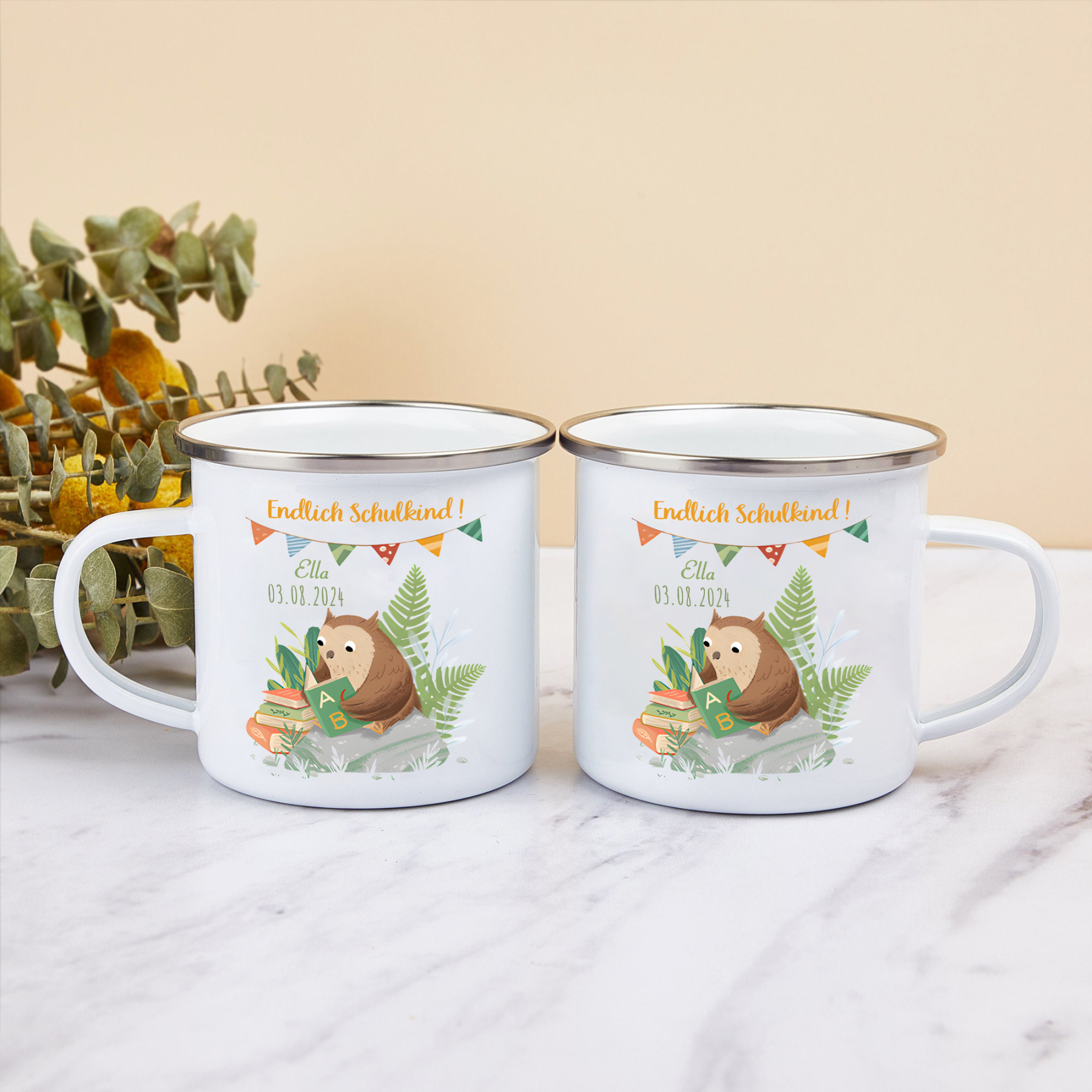 [Copy]Emaille Tasse-Personalisierter Name & Datum Becher - Hurra endlich bin ich ein Schulkind - Geschenk zum Schulanfang